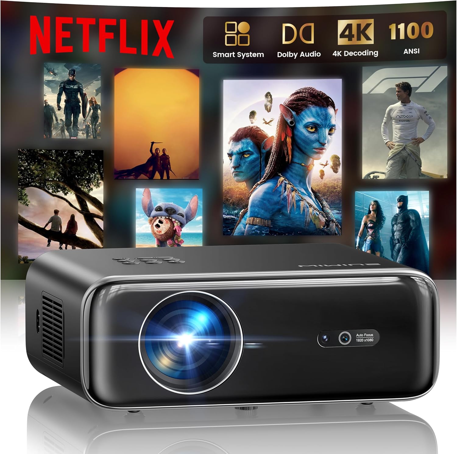 【Netflix Officially & Dolby Audio】Projector, 34000Lumen Smart Full HD 1080P Portable Projector 4K Support,WiMiUS P62 PRO Auto Focus/Keystone WiFi6 Bluetooth 50% Zoom Home Cinema Projectors for Bedroom