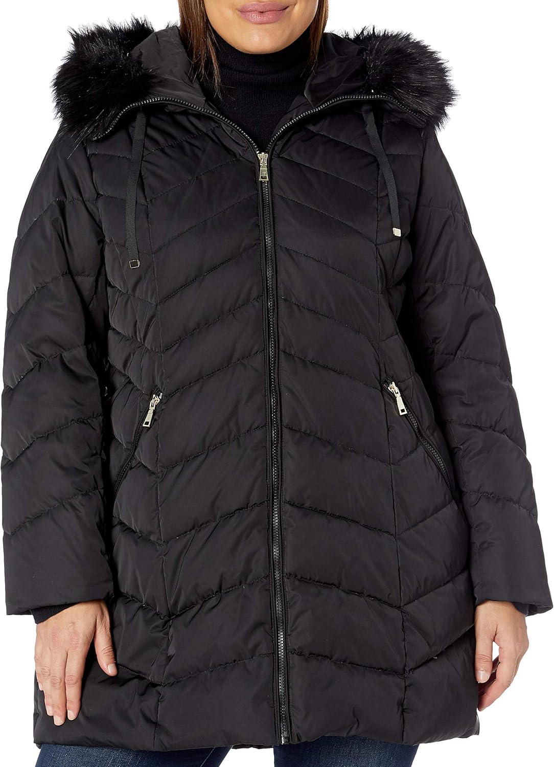 TAHARI Women's Heavy Weight Puffer Coat with Faux Fur Hood