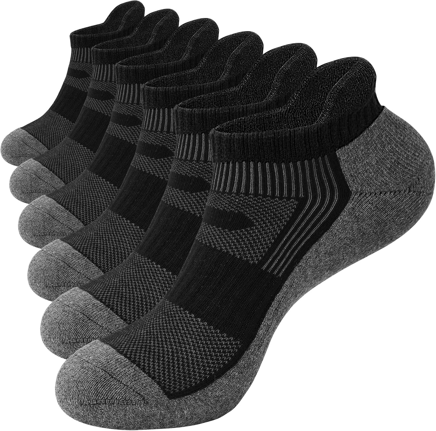 Stoeury Mens Running Socks, Cushioned Anti Blister Trainer Socks, Black White Ankle Socks for Men Women, Moisture-Wicking Short Cotton Socks for Sports, Gym, Walking and Daily, 6 Pairs