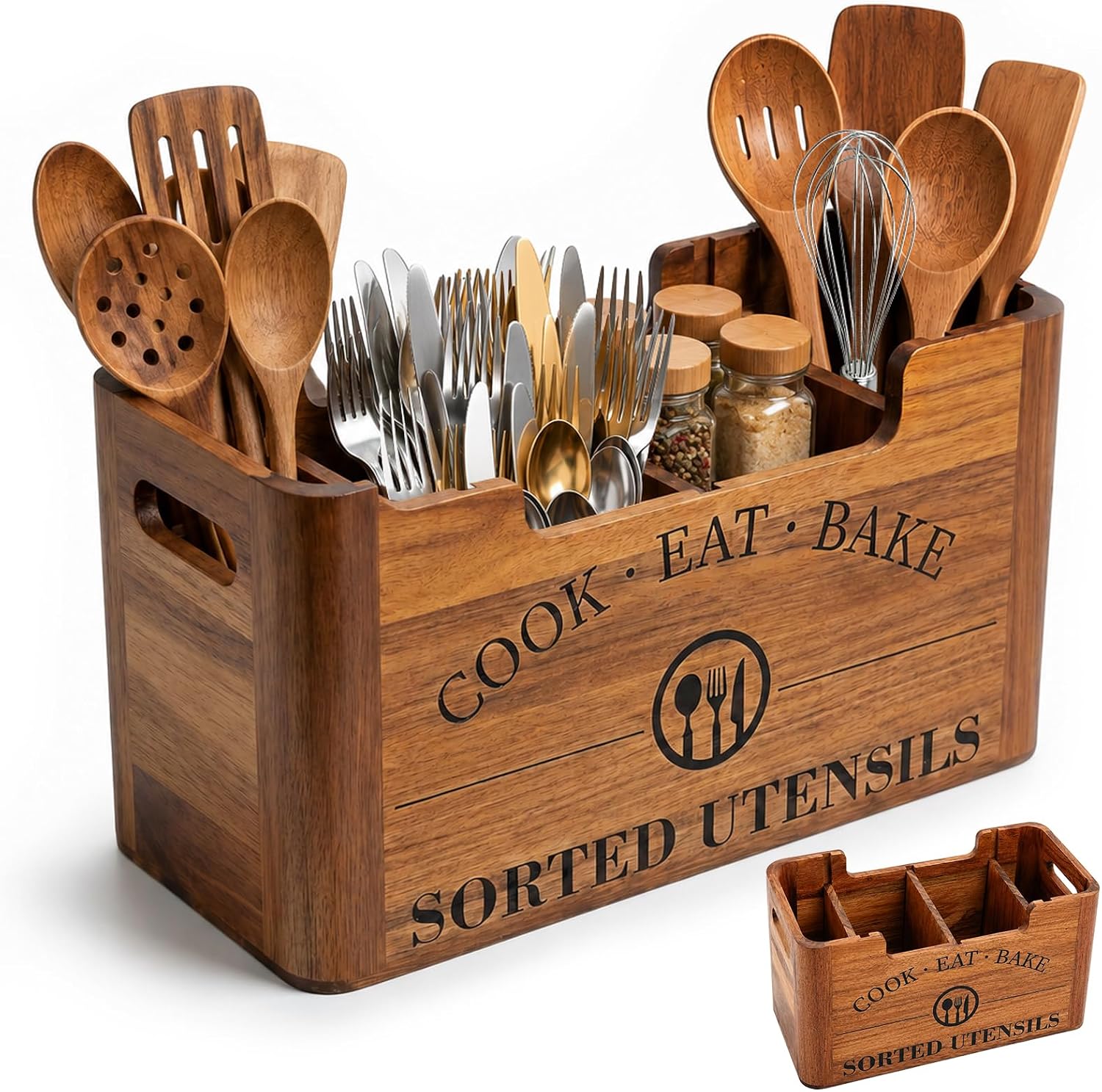 Upgraded Acacia Wood Kitchen Utensil Holder, Large Farmhouse Countertop 4-Compartment Wooden Cooking Utensil Holder for Counter, Island & Dining Room
