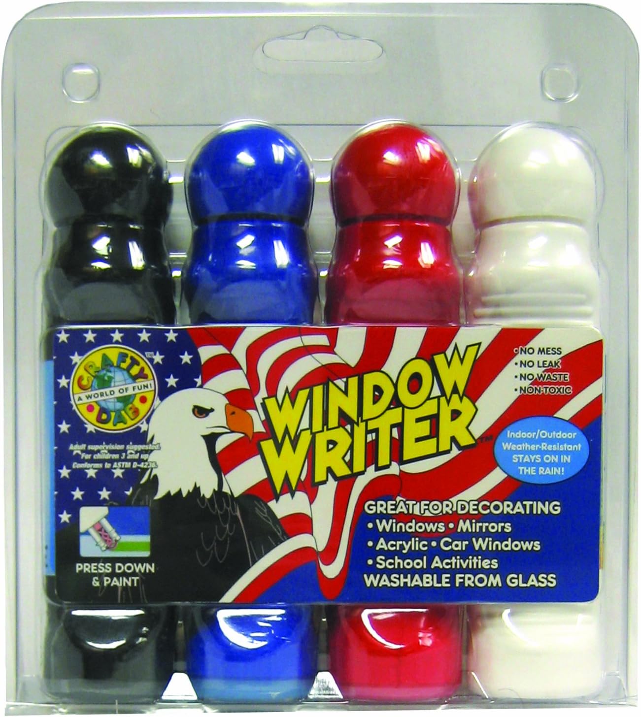 Crafty Dab Window Writer - 4 Pack Clamshell - Patriotic Acrylic Paint - Red, White, Blue