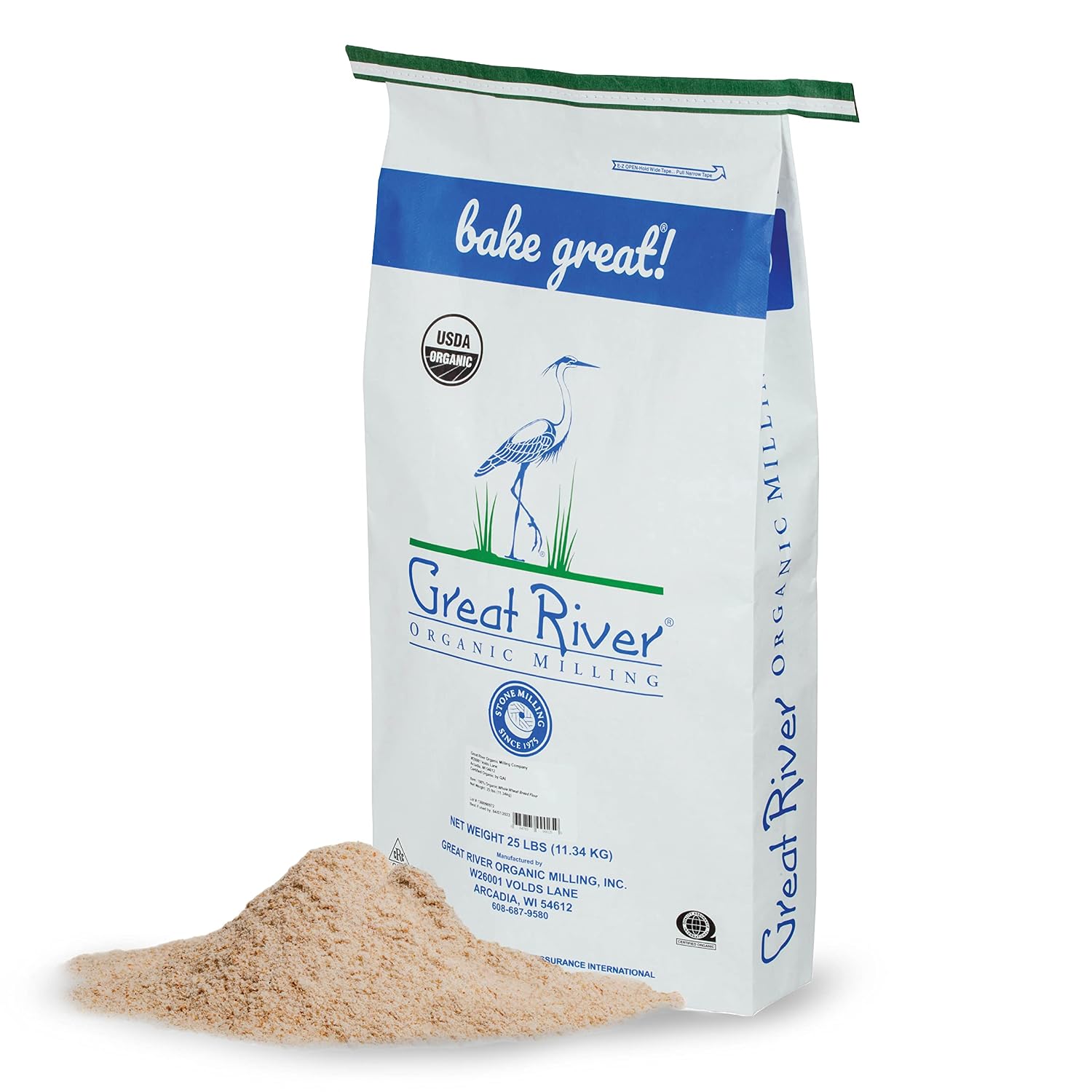 Great River Organic Milling Organic Whole Wheat Flour | Unbleached & Unbromated | High Protein & Fiber | Non-GMO, Kosher | Perfect for Sourdough, Bread, Rolls & Baking | 25 Lb (Pack of 1)