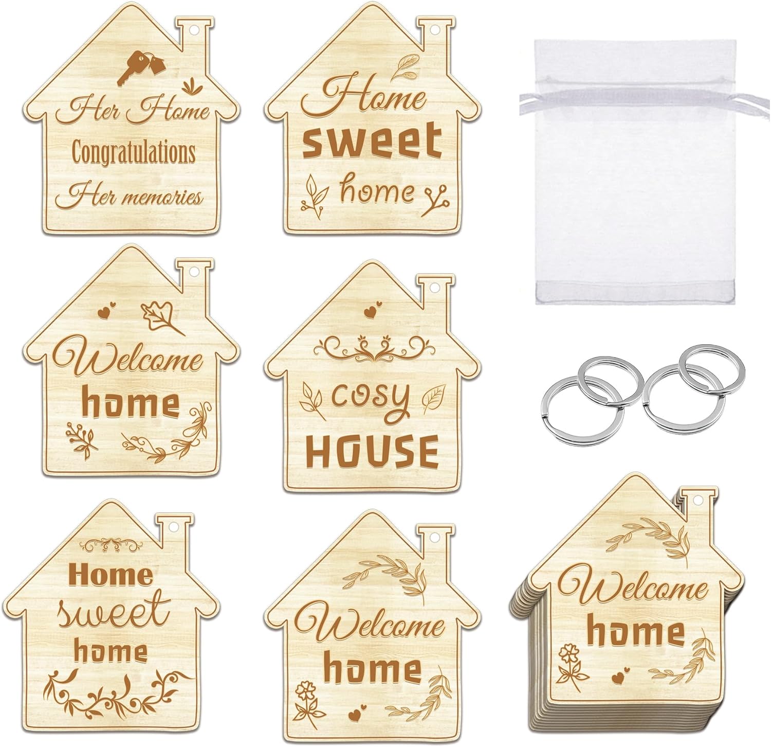 54 Set Welcome Fashion New Home Key Chain Bulk Cute Welcome Home House Key Chain New Ring Decoration with Transparent-Gauze Bags for Real Estate Gifts Family Client Buyer Customer