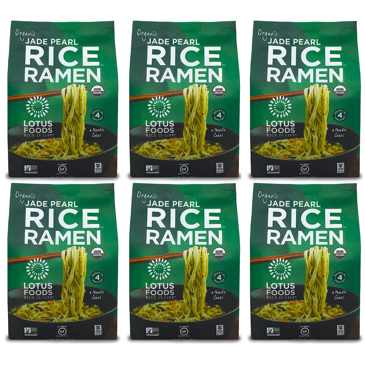 Lotus Foods Organic Jade Pearl Rice Ramen Noodles - Gluten Free Instant Ramen Noodles, Vegan, Low Sodium, Made with Brown Rice Flour and White Rice Flour, Ready in 4 Minutes - 10 Oz (Pack of 6)