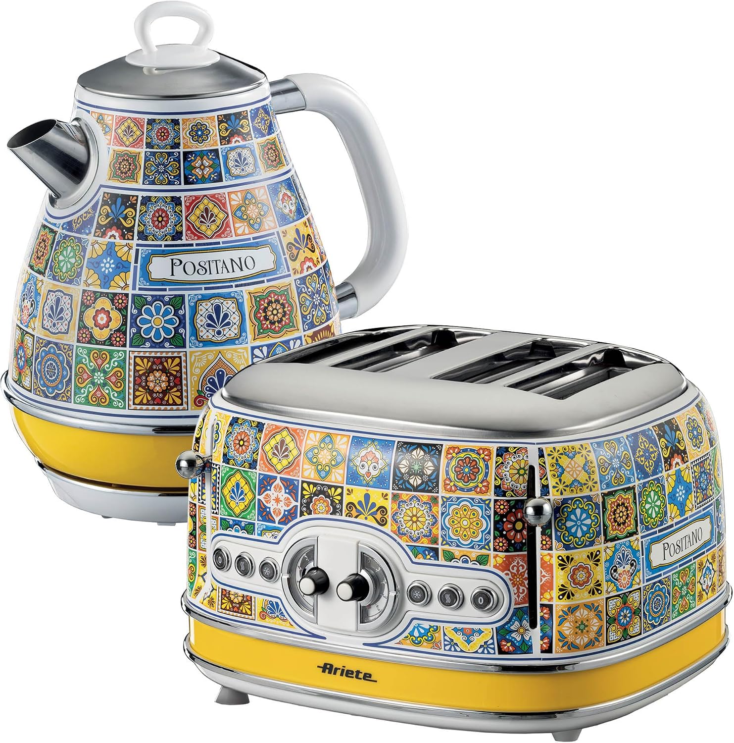 Ariete Positano Jug Kettle & 4-Slice Toaster Set, Italian Tile Design, Vintage-Inspired Breakfast Set