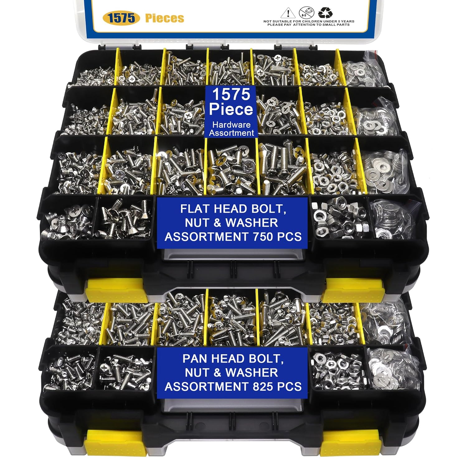 1575 PCS Nuts and Bolts Assortment Kit, Stainless Steel Phillips Pan Head & Flat Head Screws, Assorted Nuts Bolts Washers with Double Sided Organizer Box