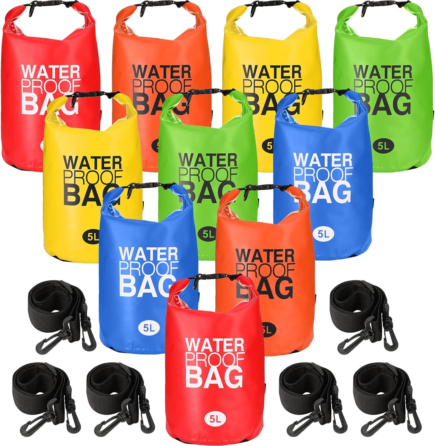 Jexine 10 Pack Ultralight Waterproof Dry Bag, 5L Lightweight Airtight Bag Ripstop Camping Gear Dry Sack Portable Roll Top Dry Pack for Backpacking Kayaking Hiking Swimming Fishing Rafting Boating