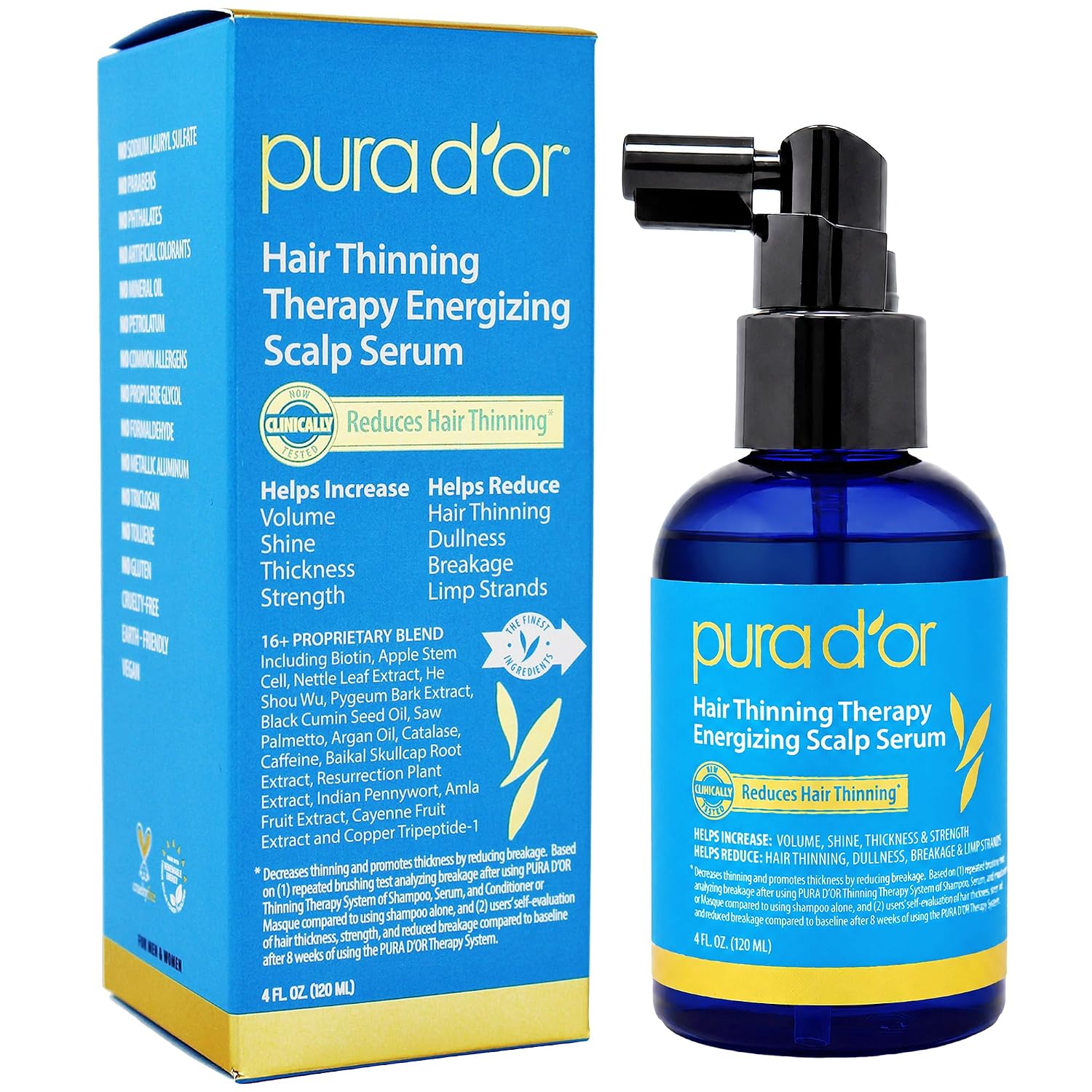 PURA D'OR Hair Thinning Therapy Energizing Scalp Serum 4oz w/Copper Tripeptide, Biotin, Caffeine, Plant Stem Cell, Catalase & DHT Balance, Rosemary Green Tea Leaf Extract, All Hair Types, Men Women