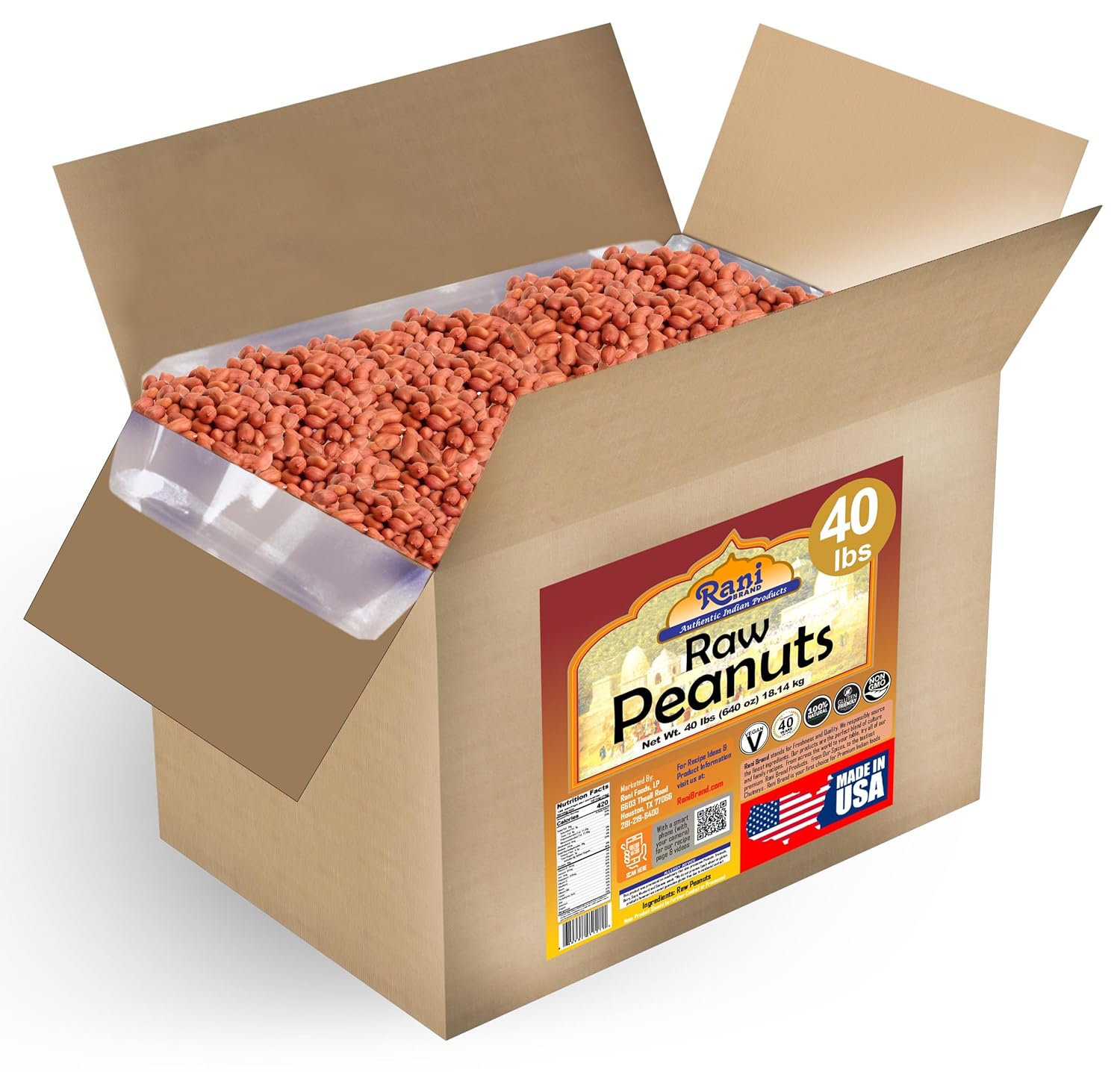 Rani Peanuts, Raw Whole With Skin (uncooked, unsalted) 40lbs (640oz) 18.14kg Bulk Box ~ All Natural | Vegan | Gluten Friendly | Fresh Product of USA ~ Spanish Grade Groundnut/Red-skin
