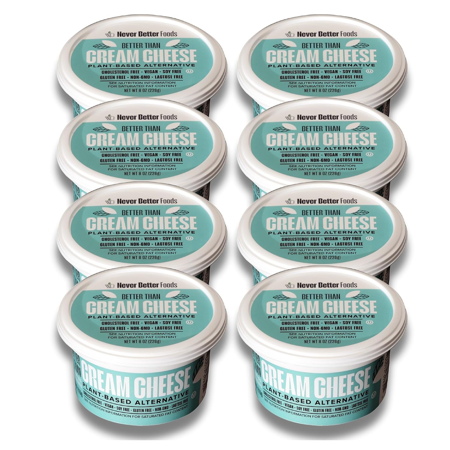 Never Better Foods Plant-Based Cream Cheese – Dairy-Free, Vegan, Allergen-Free – 8 x 8 oz Convenient Home Pack (64 oz Total)