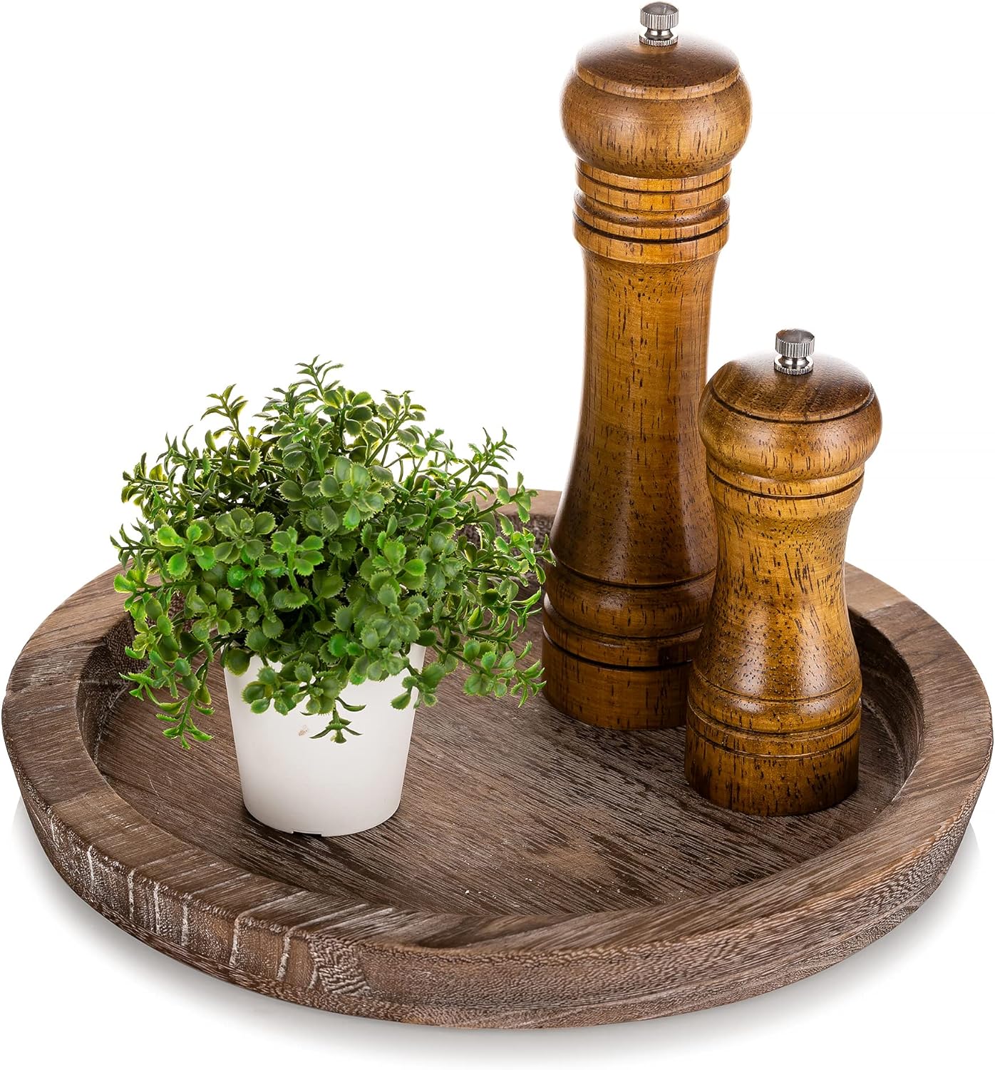 Hanobe Rustic Wooden Serving Tray: Round Wood Decorative Candle Holder Vintage Centerpiece Butler Trays Farmhouse Ottoman Tray for Decor Kitchen Countertop for Home Coffee Table