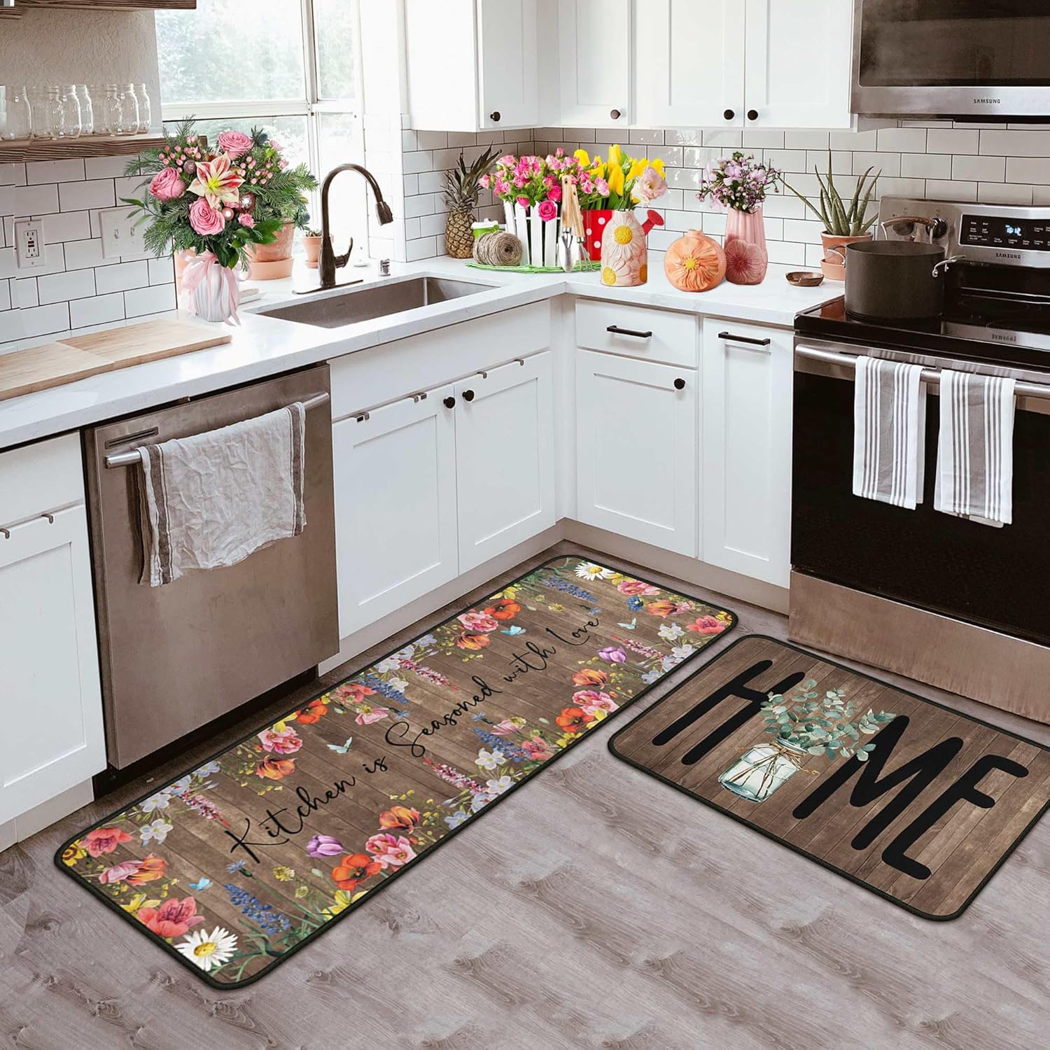 Spring Kitchen Rugs Set of 2, Spring Decorations Non Slip Backing Spring Kitchen Mats for Floor Holiday Rug Spring Decor for Home Party Gifts 17"X47"+17"X30" (Home, 17"x47.2"+17"x30")