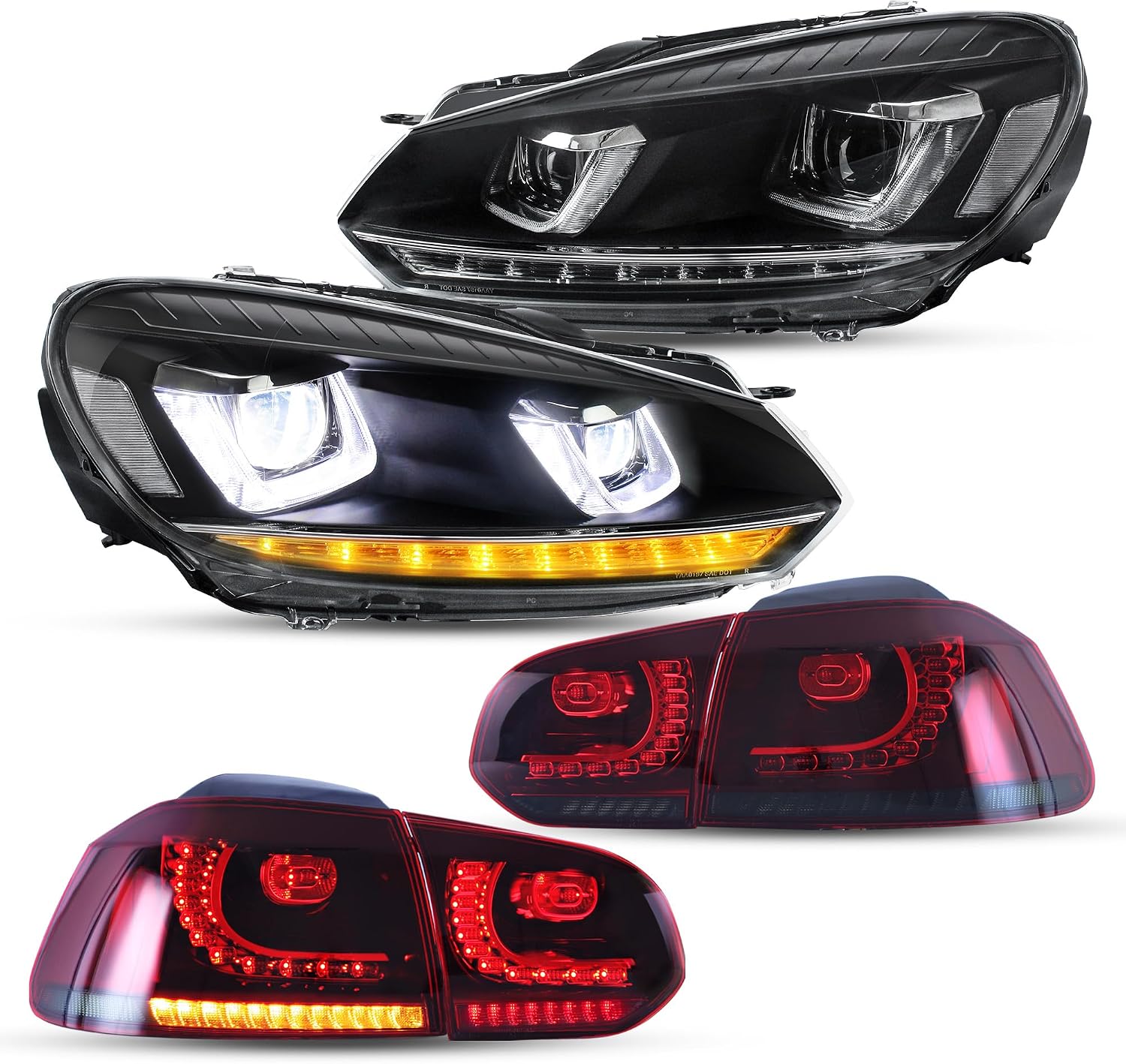 VLAND Tail Lights Headlights Assembly Halogen Head Light Mode Compatible with VW Golf 6 MK6 2010-2013 Red Smoke Lens