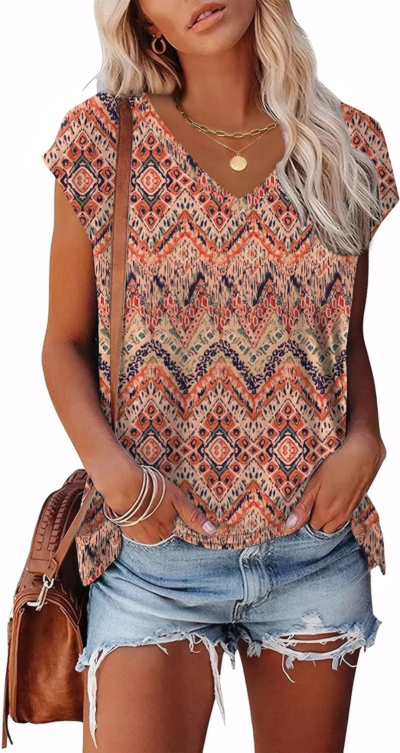 Aokosor T Shirts for Women UK Summer Ladies Tops V Neck Tops Cap Sleeve Short Sleeve Tshirts Casual Tee