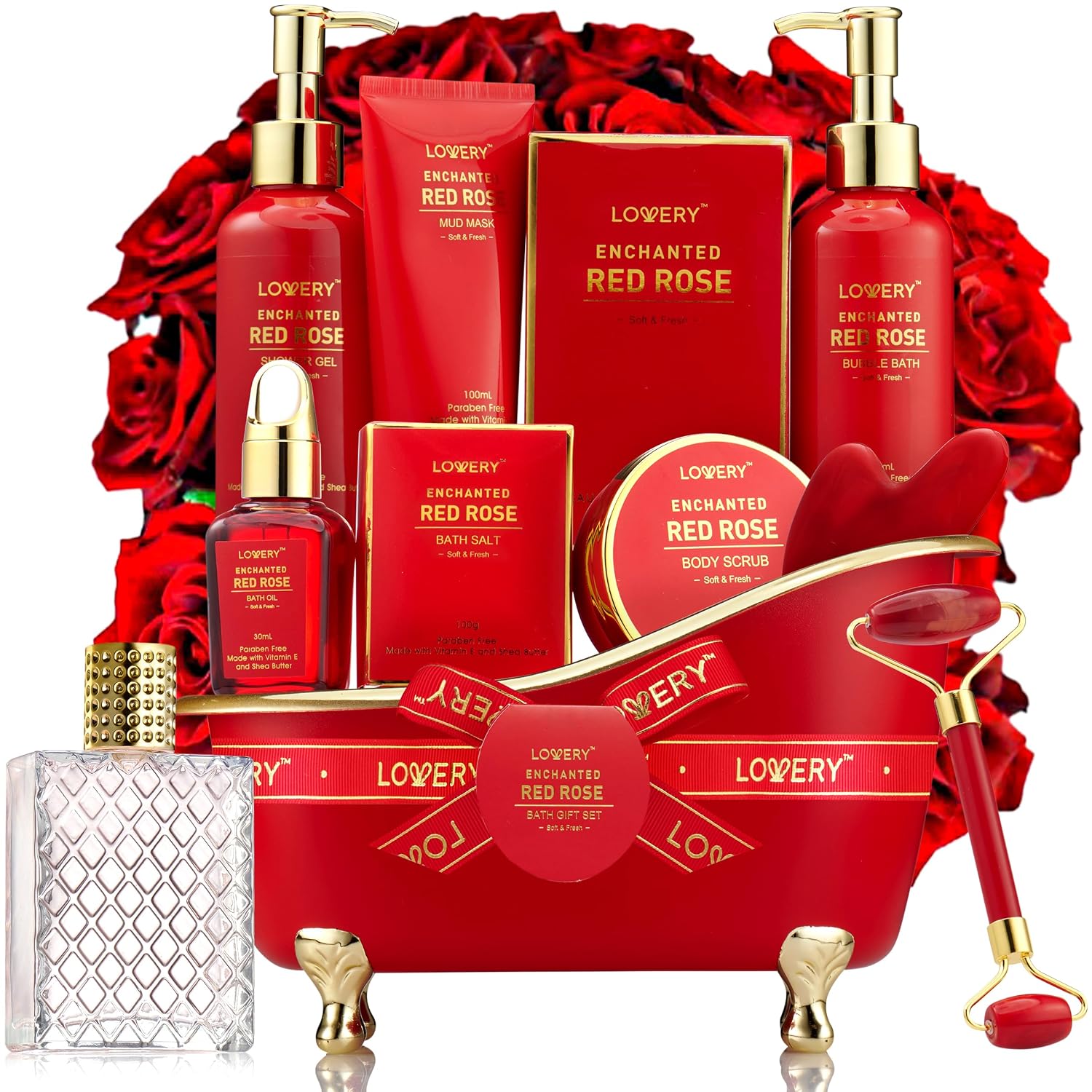 Birthday Gifts, Spa Gifts for Women, Bath and Body Gift Set, Red Rose Gift Basket Relaxation, Pampering, Thank You, Birthday Gifts for Mom Her with Perfume, Jade Roller, Quartz Gua Sha Stone & More