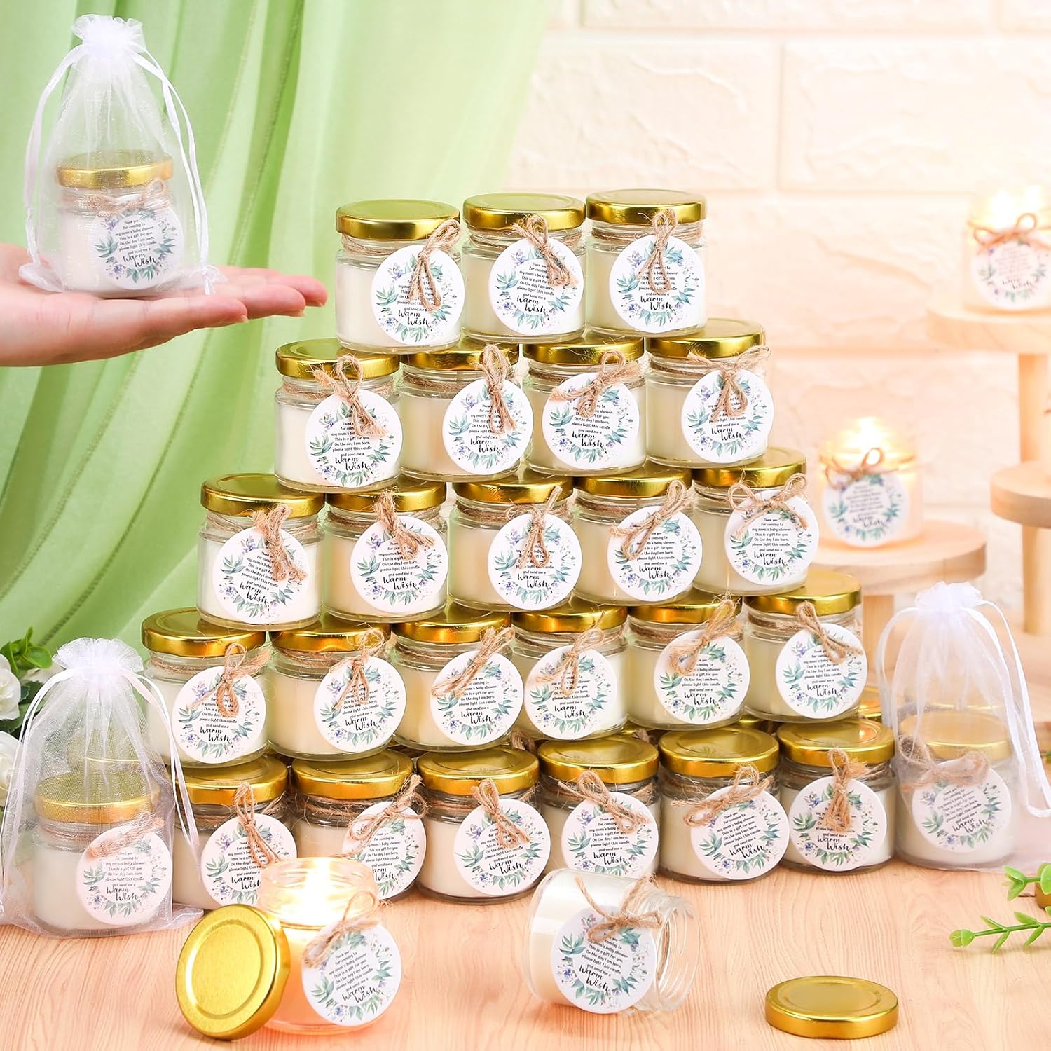 40 Pcs Baby Shower Candle Favors Bulk Glass Lavender Scented Jar Candle Rustic Baby Shower Birthday Boy Girl Gender Reveal Party Thank You Guest Gift(Green,Leaf)