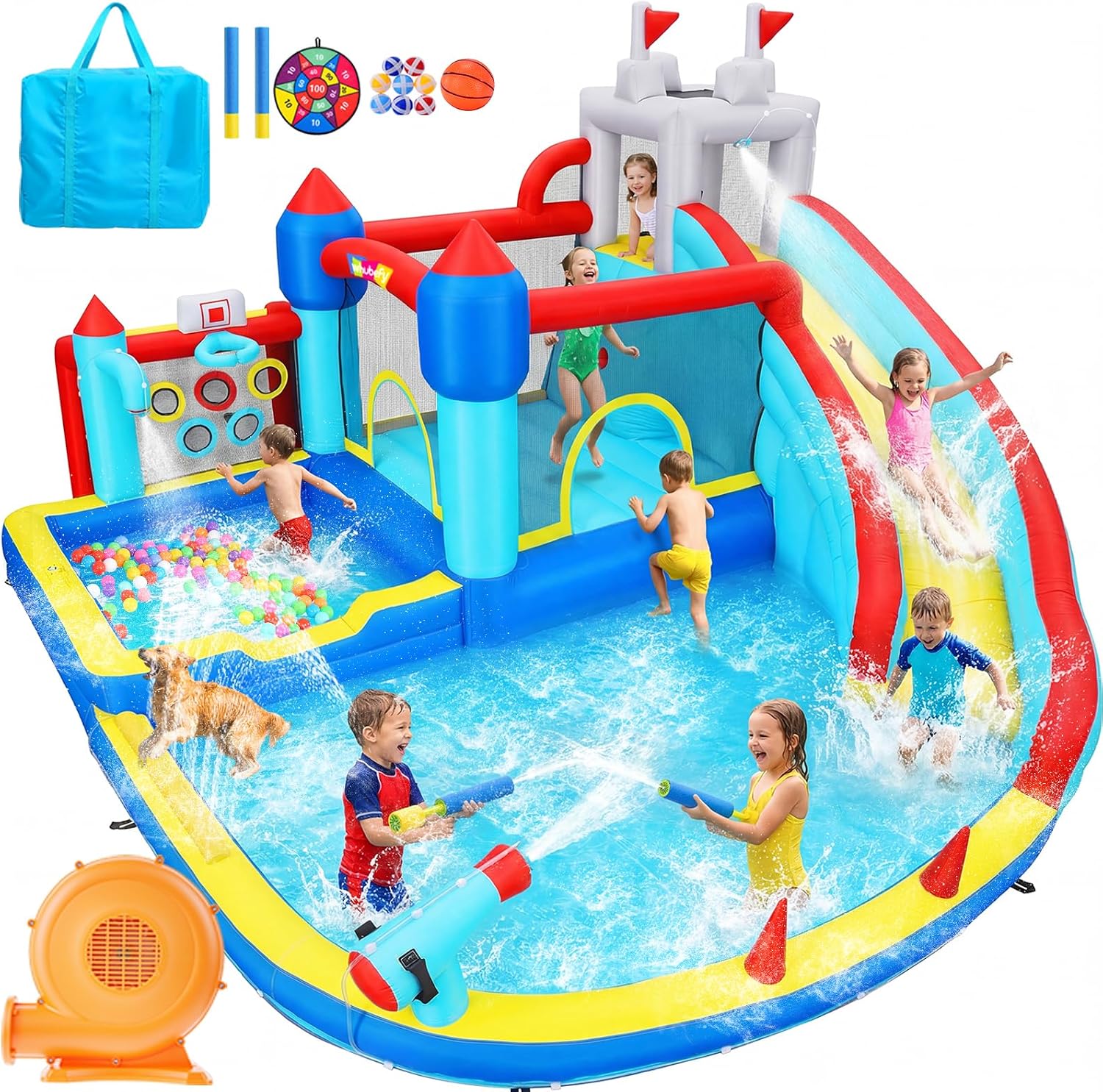 Whubefy 15x14.5ft Bounce House Water Slide Park, 13in1 Huge Blow up Waterslides Inflatable for Kids Backyard w/750W Blower, Pool, Soccer Goal, 5-hole Target Toss Game, Dart Board for Big Kids 8-12 3-6