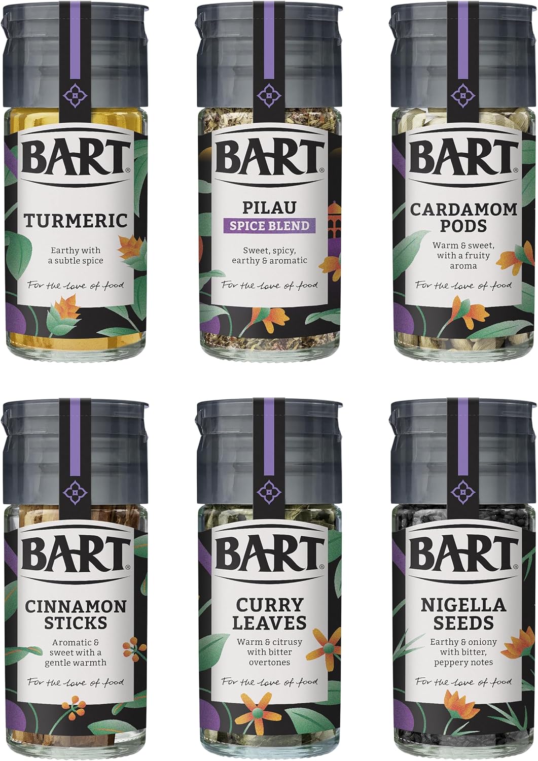 BART Indian Spice Collection - Turmeric, Cinnamon Sticks, Cardamom pods, Curry Leaves, Nigella Seeds & Pilau Spice Blend - Ideal for Indian Cooking (6 Jar Bulk Buy Set)