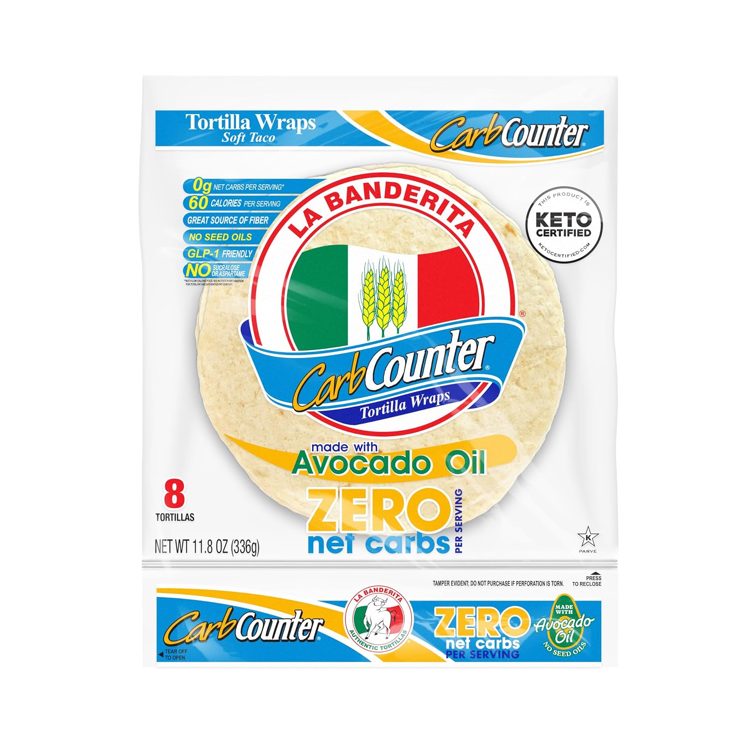 La Banderita Carb Counter® ZERO Net Carbs | 8" Size FlourTortillas | Keto Certified | 11.8 oz.| 8 Count (Pack of 4)