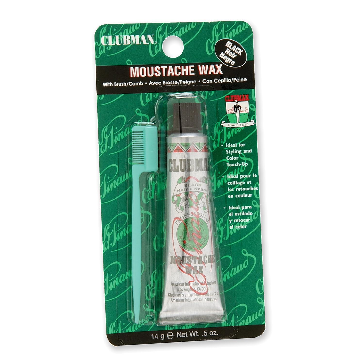 Clubman Mustache Wax for Men – Black, Strong Hold Moustache Wax for Styling, Includes Brush, 0.5 oz