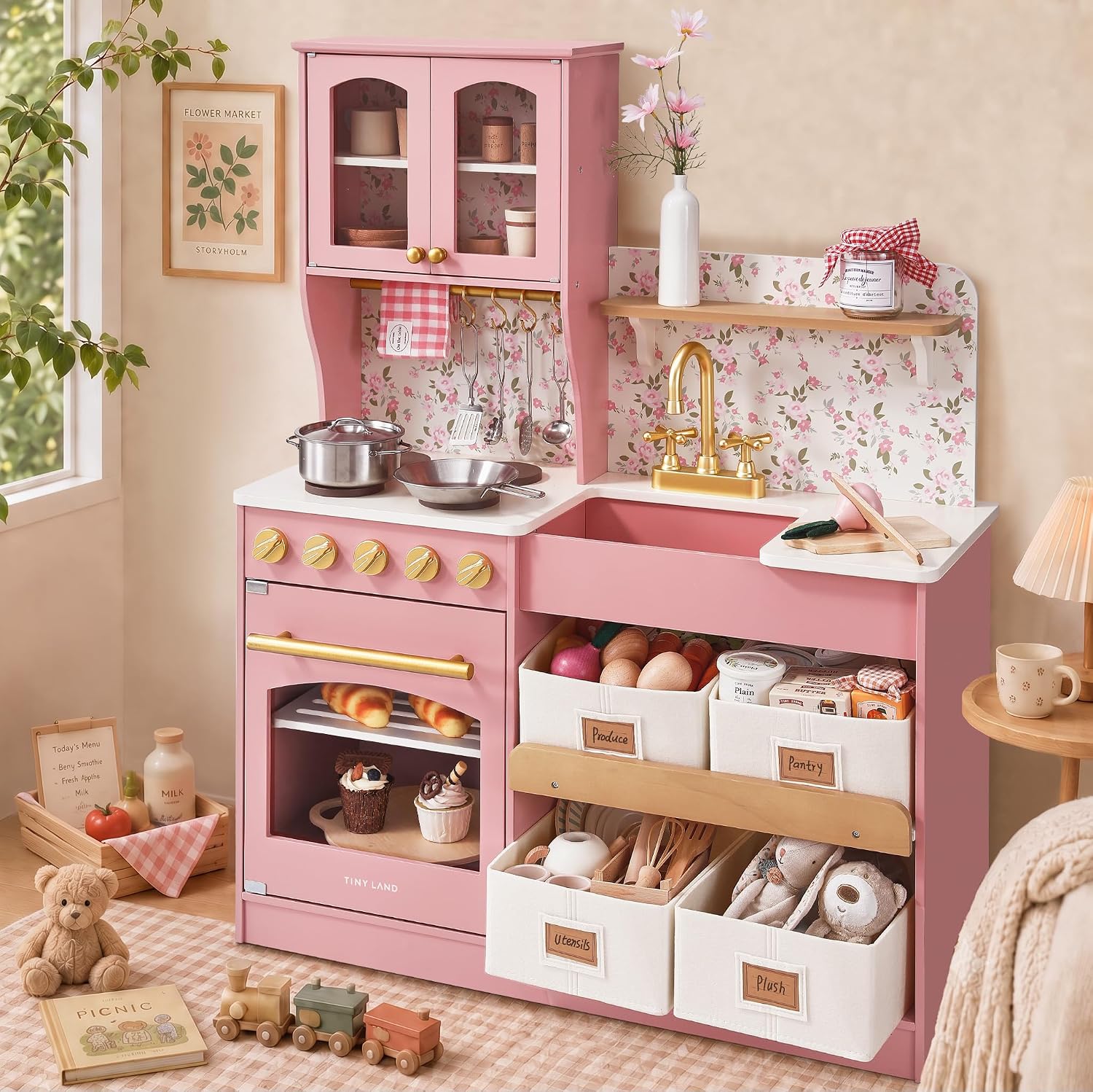 Tiny Land Wooden Play Kitchen for Kids with Toy Storage for Pretend Play