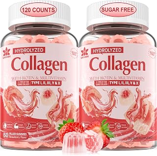 2Pack Sugar-Free Hydrolyzed Collagen Peptide Filled Gummies, with 1500mg Protein Type I,II,III,V,X with 5000mcg Biotin Vitamin C A E D3 B6 B12 for Immune Digestion Skin Hair Nails Energy Bone Joint