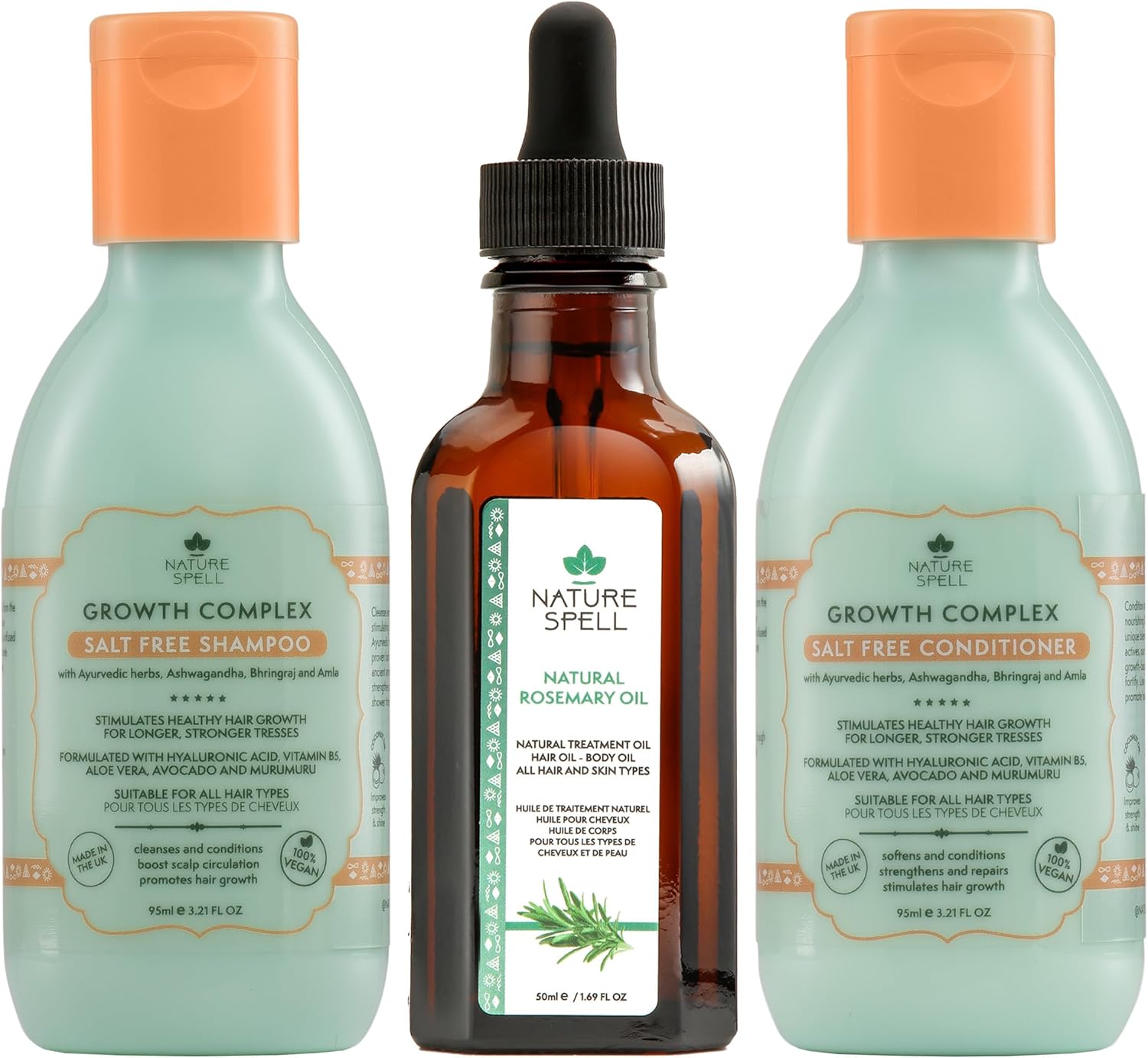 Nature Spell Hair Growth Travel Set, Includes Rosemary Oil, Shampoo & Conditioner, Nourishing & Strengthening, Vegan, Set of 3