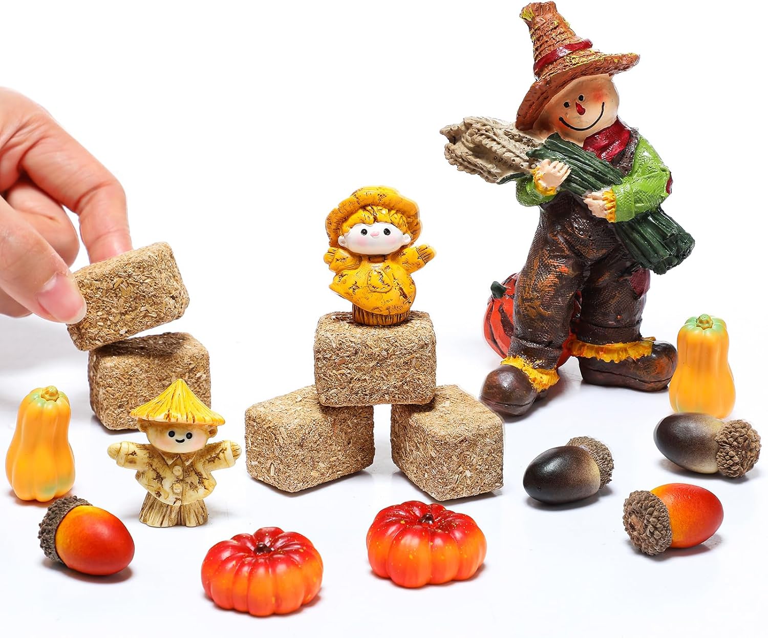 Fall Village Accessories Mini Hay Bales Set Fall Miniature Figurines with Acorns Pumpkins Scarecrow Simulation Farm for Dollhouse Farmhouse Autumn Harvest Thanksgiving Tabletop Decor