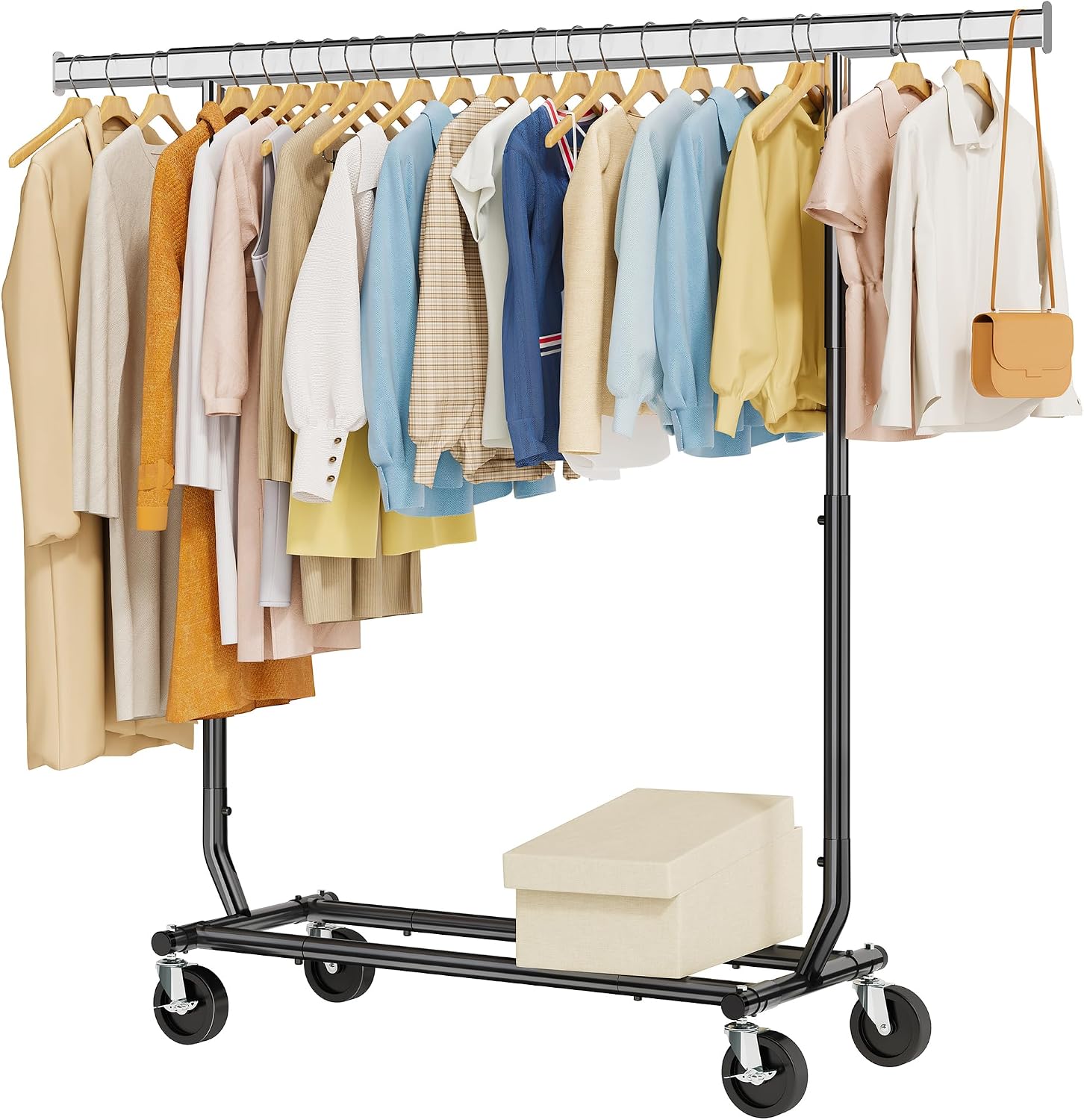 Tajsoon Clothes Rack Heavy Duty Clothing Rack Load 350 LBS, Metal Garment Rack with Wheels & Extendable Rod, Rolling Collapsible Clothes Racks for Hanging Clothes with Bottom Shelf, Black