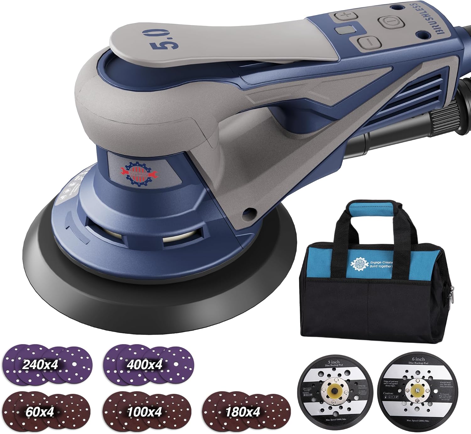 Brushless Random Orbital Sander, 350W 10000 RPM Electric Sander with 125mm&150mm Sanding Pad, 7 Variable Speeds, 20pcs Sandpapers Brushless Sanders for Sanding and Polishing, Carrying Case