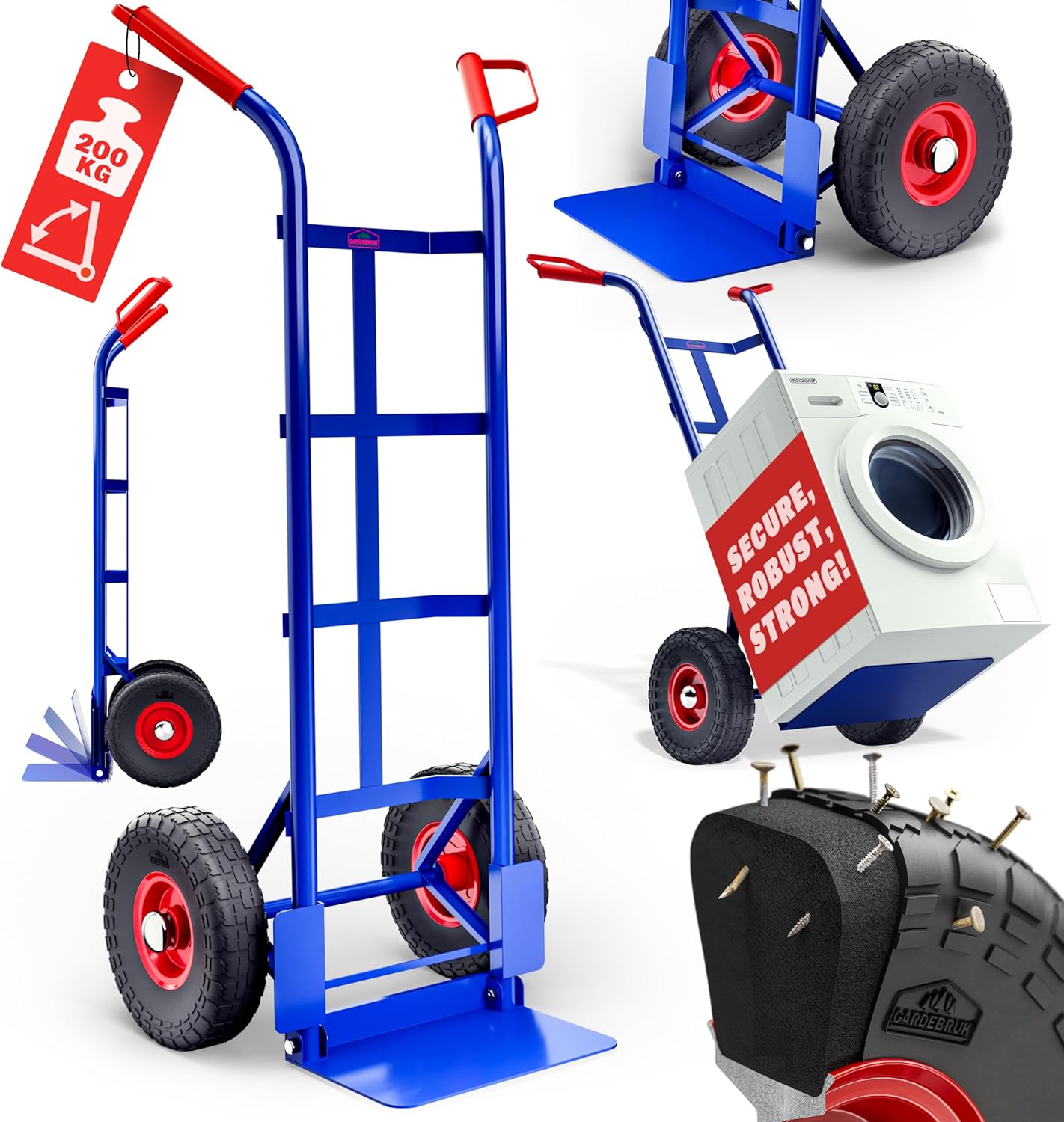 GARDEBRUK® Sack Truck | Heavy Duty Steel | Solid PU Rubber Tyres | Foldable Shovel with 200kg Capacity | Garden Transport Hand Truck | Moving Trolley | 115 x 54 x 45cm | Blue & Red