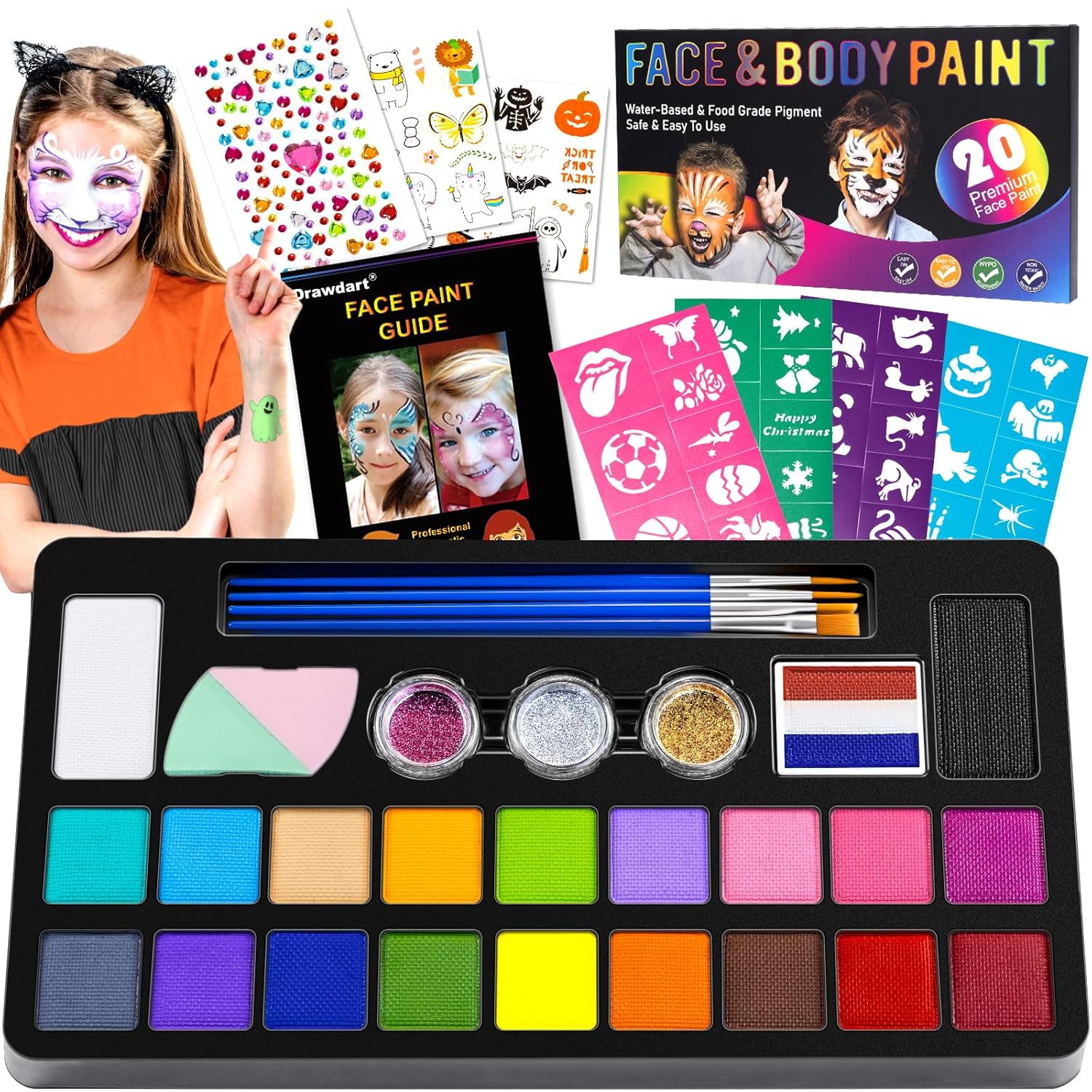 Face Painting Kit for Kids - 20 Colors Water Based Non Toxic Face Paint Kit, Professional Face Paint for Kids with Stencils & Brushes - Parties, Birthdays, Halloween Face Body Makeup Kit