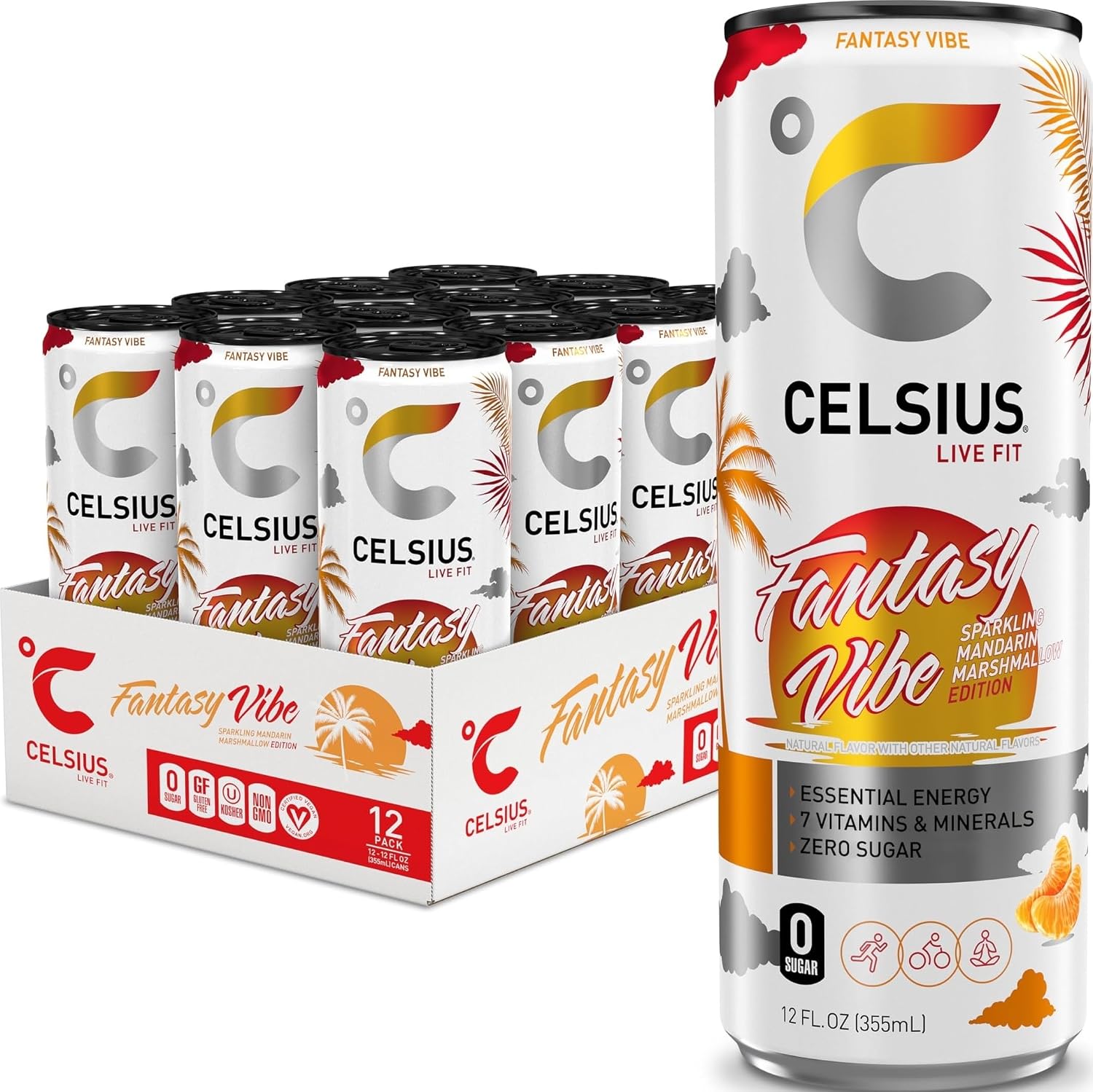 CELSIUS FANTASY VIBE Sparkling Mandarin Marshmallow, Sugar Free Energy Drink, 12 Fl Oz (Pack of 12)