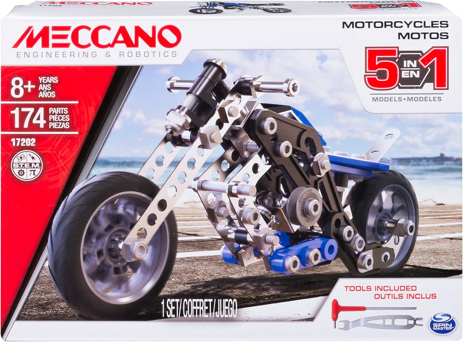 MECCANO Erector, 5 in 1 Model Building Set - Motorcycles, 174 Pieces, for Ages 8 and up, STEM Construction Education Toy