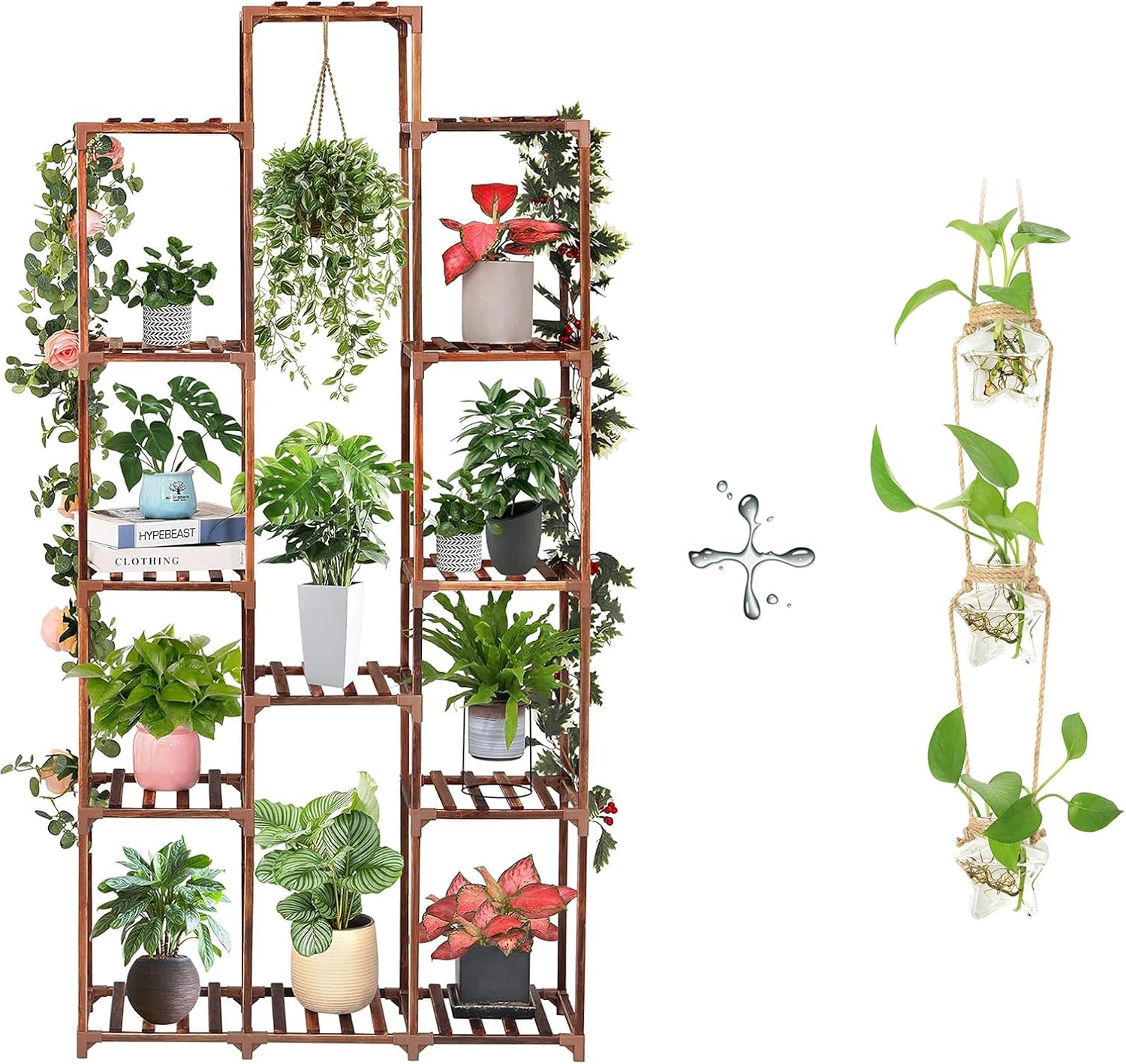 XXXFLOWER Plant Stand Indoor Outdoor 13 Tiers Wood Plant Shelf+ 3 Tired Star Shaped Glass Flower Vase Wall Hanging Propagation Station