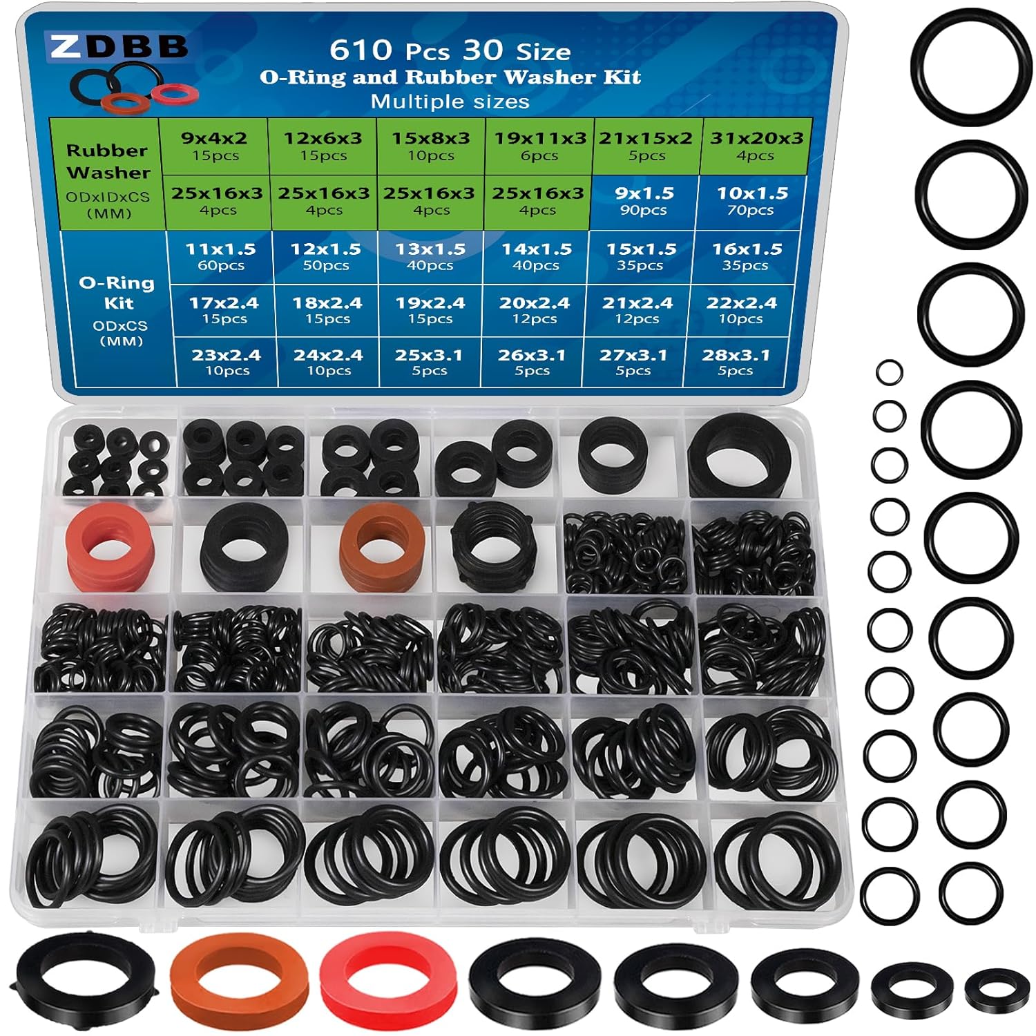 7 Size Water Hose Gasket and 20 Size O Ring Rubber Washer Assortment Kit 610 Pcs Nitrile Washers Set for Plumbing Faucet Pipe Hose Shower Head Pressure Washer Sealing Repair OD 9-31MM