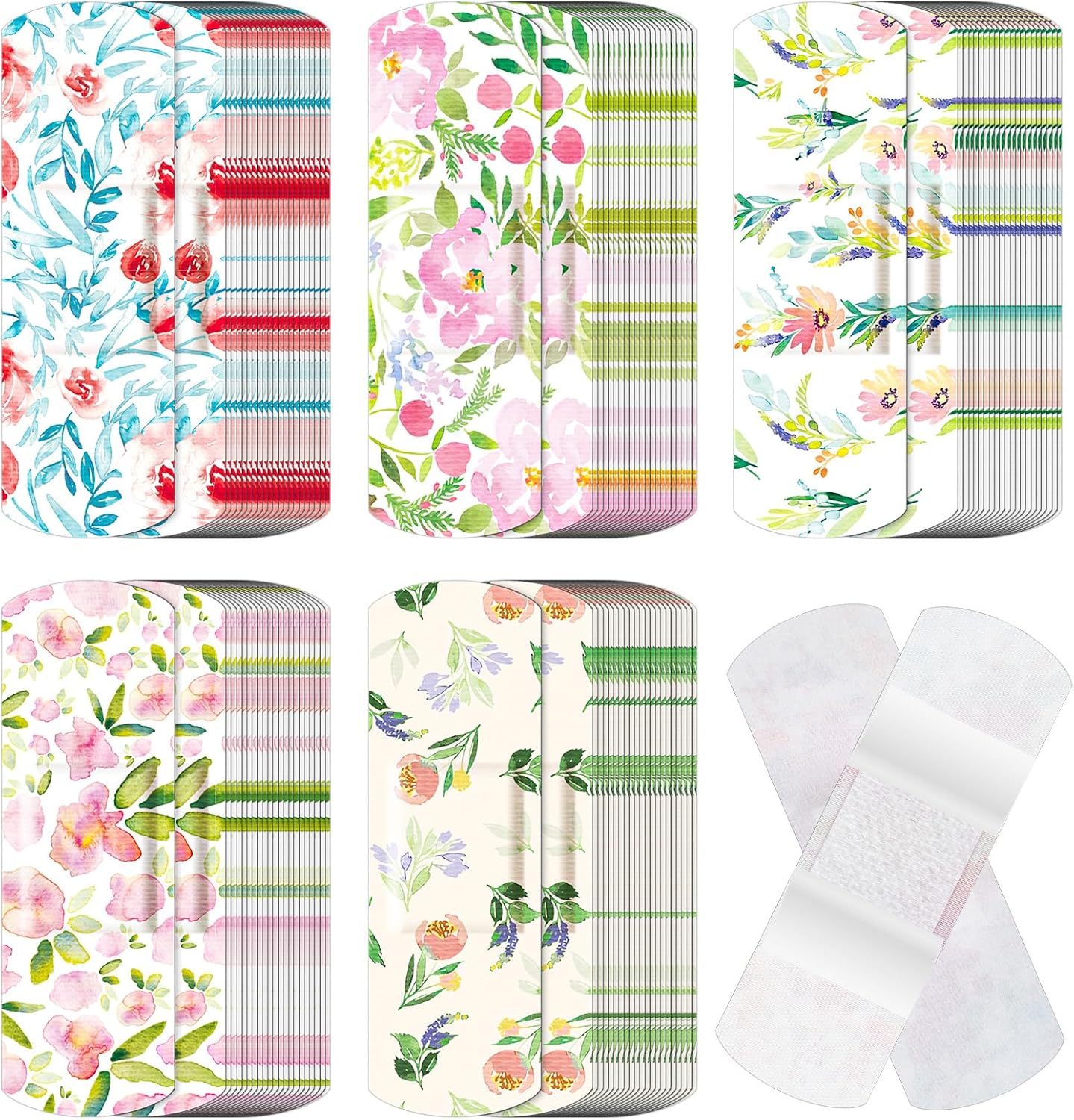Threlaco 120 Pcs Fabric Adhesive Flexible Bandages Bulk Assorted Shapes and Patterns Small Colorful Pretty Fabric Bandages with Non Stick Pad 3 x 1 Inch for Cuts Wound Scrapes Women(Flower)