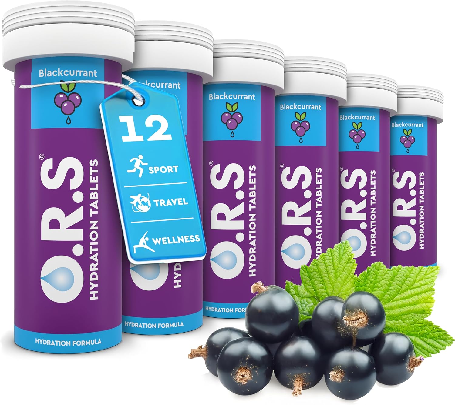 O.R.S Hydration Tablet with Electrolytes for Rehydration, Wellness, Travel, Sports & Recovery | Vegan, Gluten-Free & Low-Calorie Electrolyte Tablets Blackcurrant Flavour, 72 Tablets