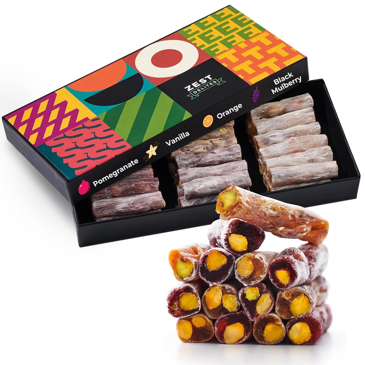 Turkish Delight by Zest Delites, Luxury Vegan Snacks with 30% Pistachio, Traditional Vegan Gift Basket, Turkish Delight Candy, Orange, Pomegranate, Vanillin, Black Mulberry, 8.82 oz
