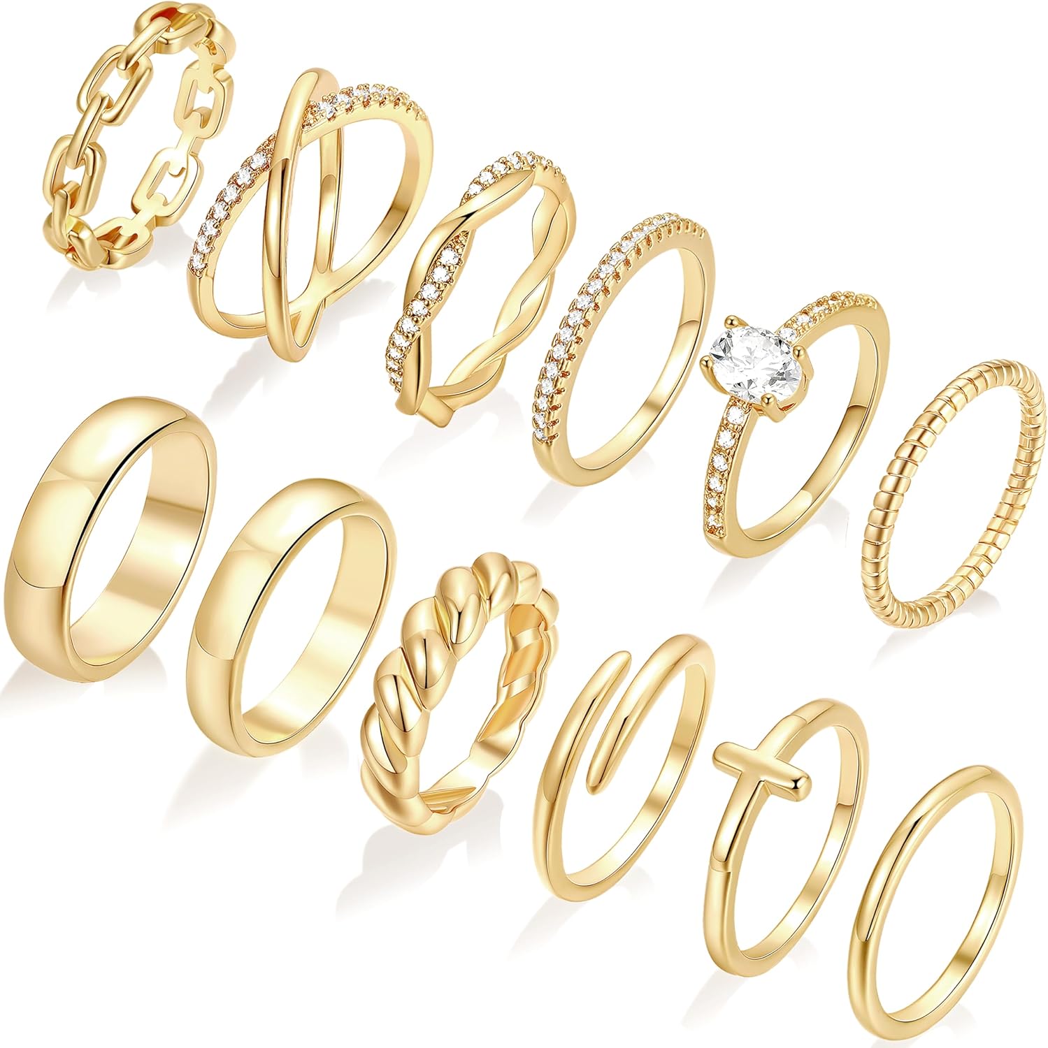12 PCS Dainty 14K Gold Rings for Women, Eternity Open Chunky Twist Simulated Diamond Criss Cross Designs, Non Tarnish Gold Plated Stacking Thumb Ring, Perfect for Wedding Bands Size 5-11