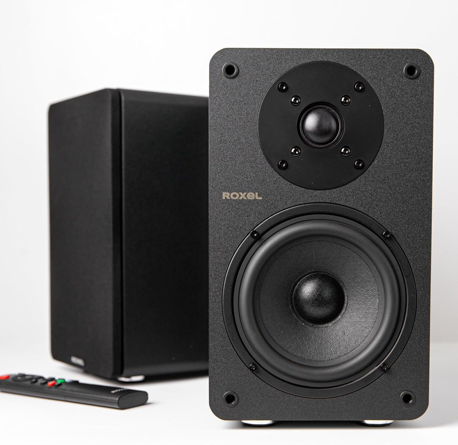 Roxel Onyx Active Bookshelf Speakers, 100 Watt RMS Power, Full Range 5.25" Bass Driver, Wireless BT Streaming, HDMI ARC, 3-Metre Speaker Cable, Perfect for Movies, Music, Office, Home Theatre (Black)