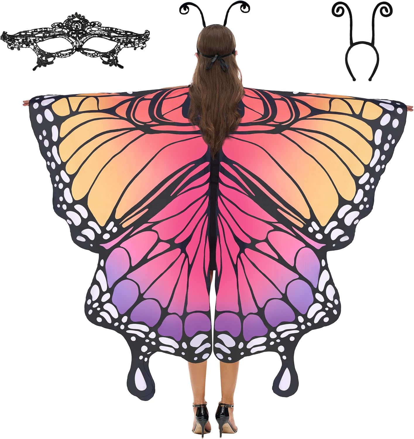 Spooktacular Creations Butterfly Wing Cape Shawl with Lace Mask and Black Velvet Antenna Headband Adult Women Halloween Costume Accessory