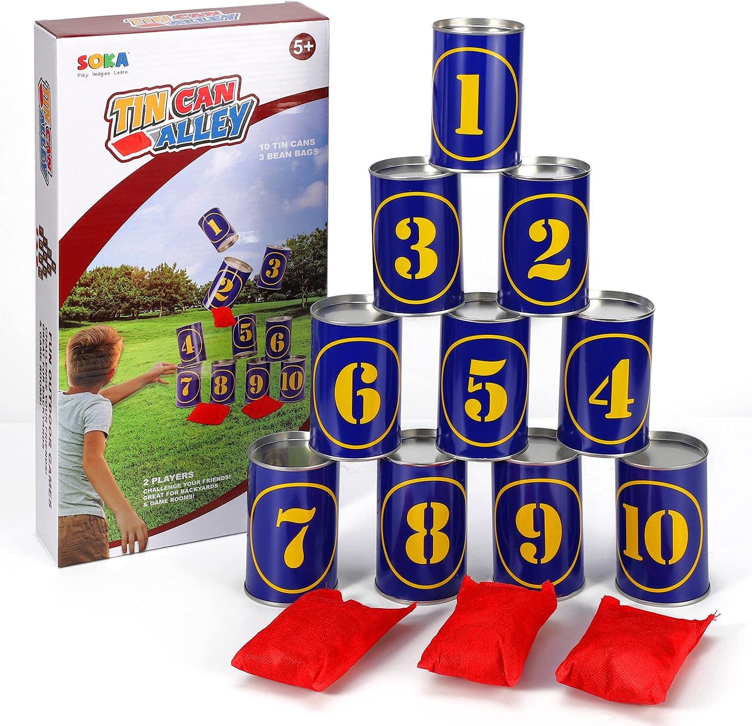 SOKA Tin Can Alley Game 10 Metal Tins & 3 Bean Bags – Indoor Outdoor Party Garden Games Activities for Kids & Adults – Birthday Christmas Easter Family Fun Games Children Boys Girls Gift