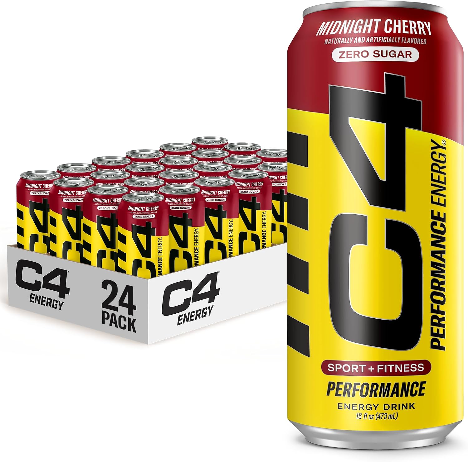 C4 Energy Carbonated Zero Sugar Energy Drink, Pre Workout Drink + Beta Alanine, Midnight Cherry, 16 Fl Oz (Pack of 24)