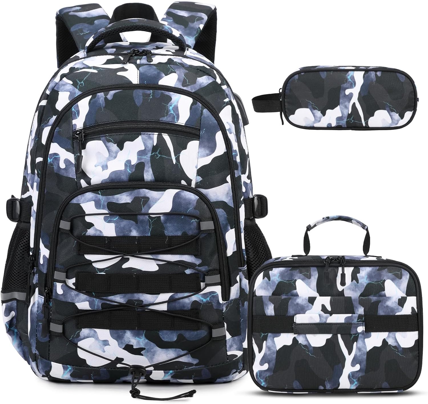 Camo Backpack for Boys, Tactical Kids Backpack Boys, School Bags for Boy Children Teens Kids Elementary Middle High School, Military Bookbag and Lunch Bag Pencil Case Set with USB Charging Port