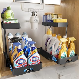 Delamu 2 Pack Under Sink Organizers and Storage, 2 Tier Pull Out Bathroom Cabinet Organizer, L-Shape Black Under Bathroom Kitchen Sink Organizer with Drawer for Under Sink Storage Organizer