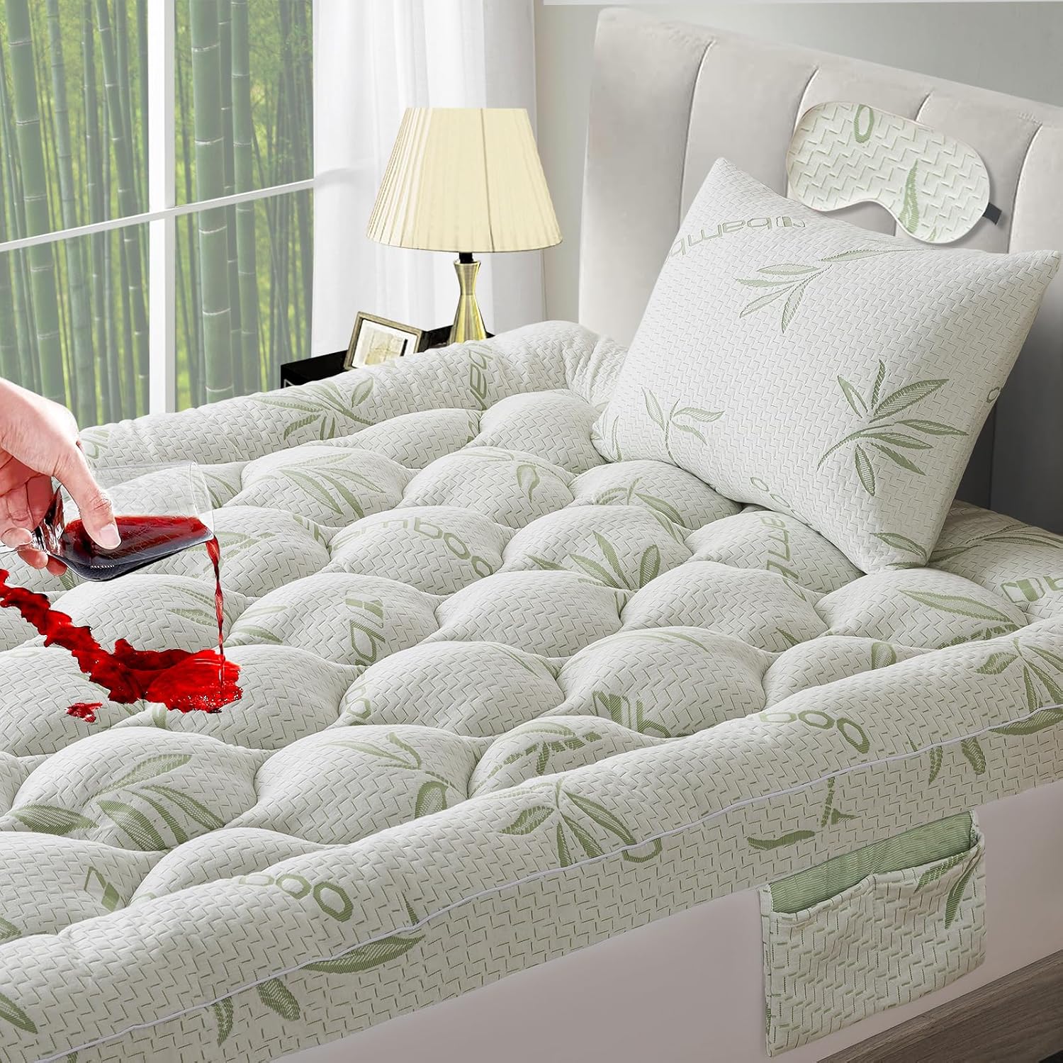 Mattress Topper with 1 Pillow Protector, Side Pocket, Waterproof Mattress Pad, Cooling Extra Thick Breathable Mattress Pad Cover,8-21” Deep Pocket-Cal King