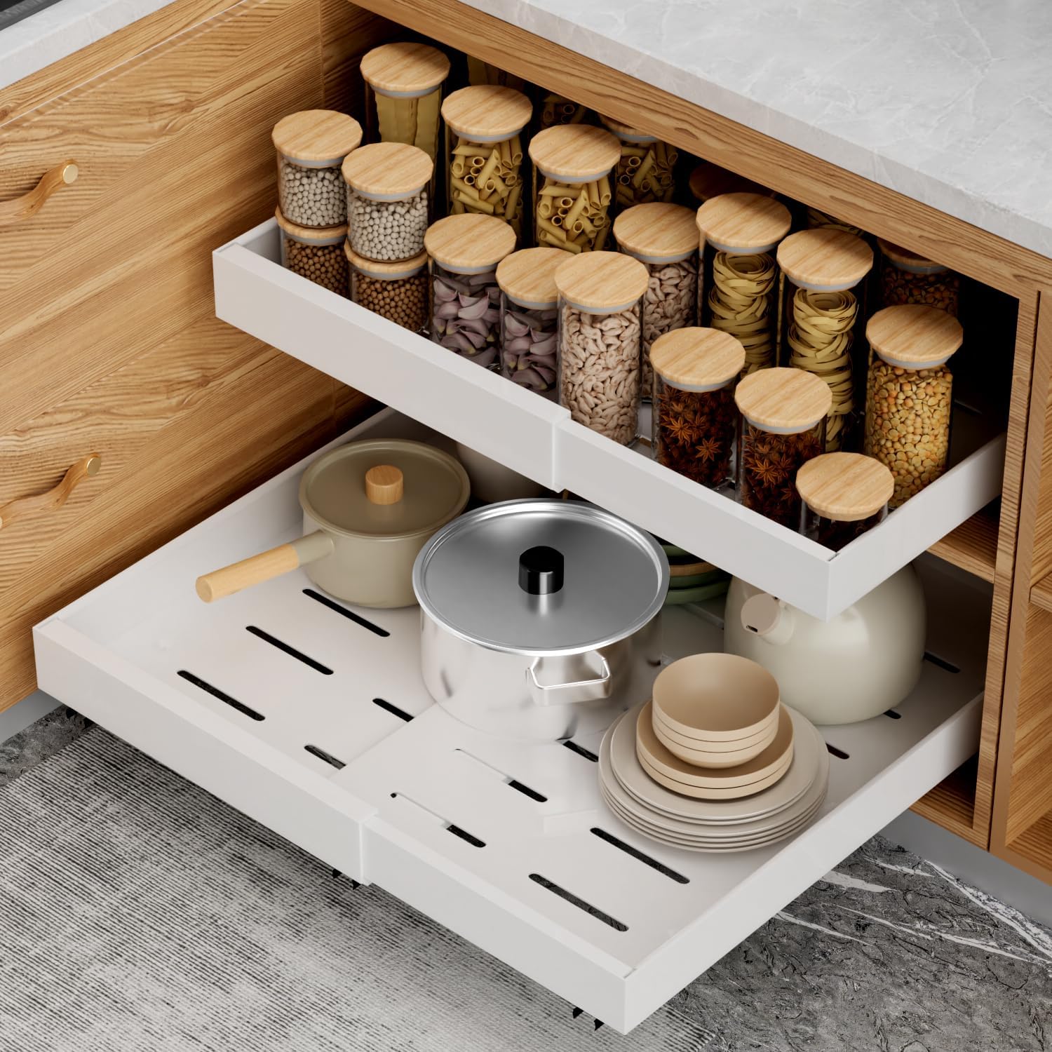 2 Pack Pull Out Cabinet Organizer 21 inch Deep,Expandable Pull Out Drawers for Cabinets Adhesive with Film, No Drill Slide Out Drawers for Kitchen Cabinets (White, 21" D x 12"-20" W(2Pack))