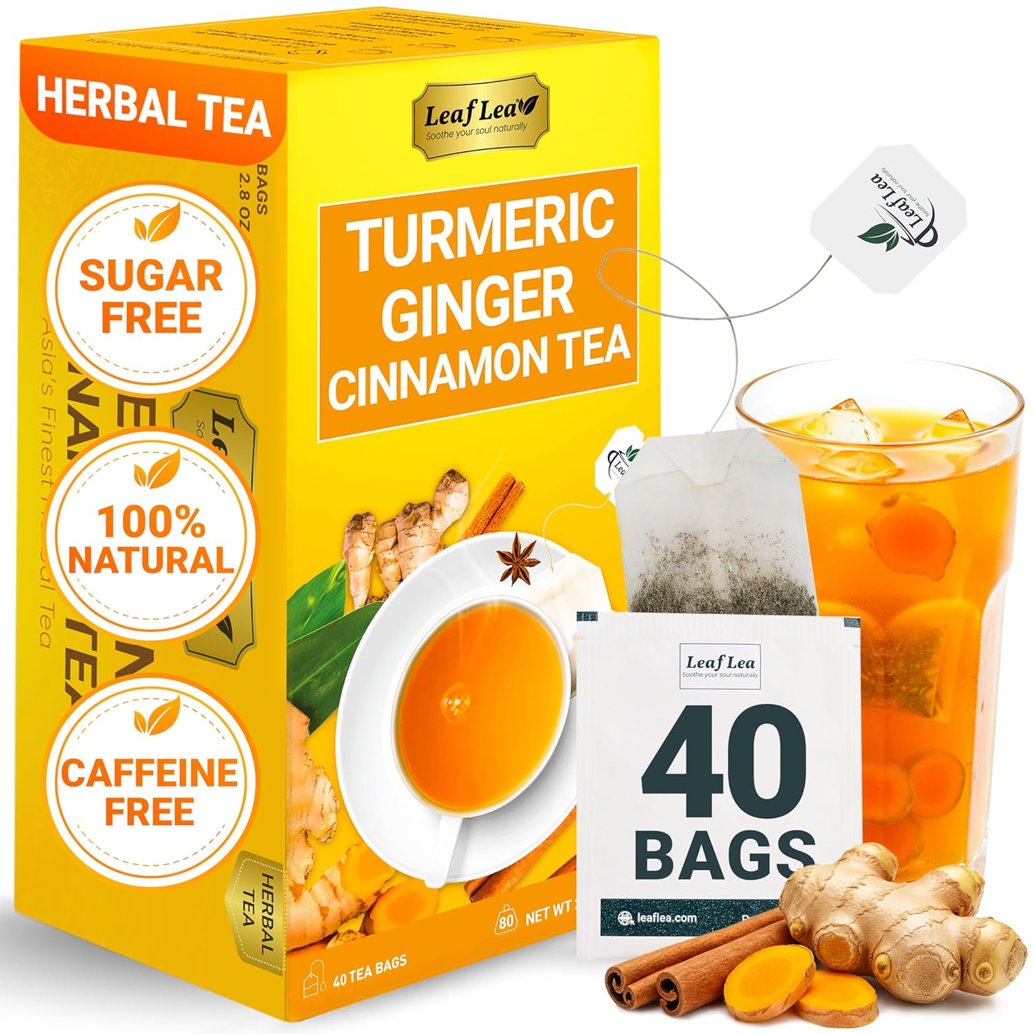 LeafLea 40 Turmeric Ginger Cinnamon Tea Bags, Supports Brain, Weight, Skin and Sleep, Improve Digestion, 100% Natural Ingredients, Turmeric Ginger Herbal Blend with Cinnamon, No Sugar, Caffeine-Free