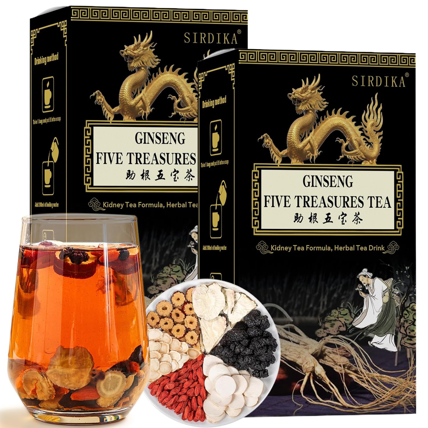 Ginseng Five Treasure Tea, Kidney Teas Formula Ginseng Six Treasure Tea, 6 Precious Ingredients Formula, Traditional Chinese Herbal Cleanse DetoxTea for Women & Men (2 Pack/20 Bags)